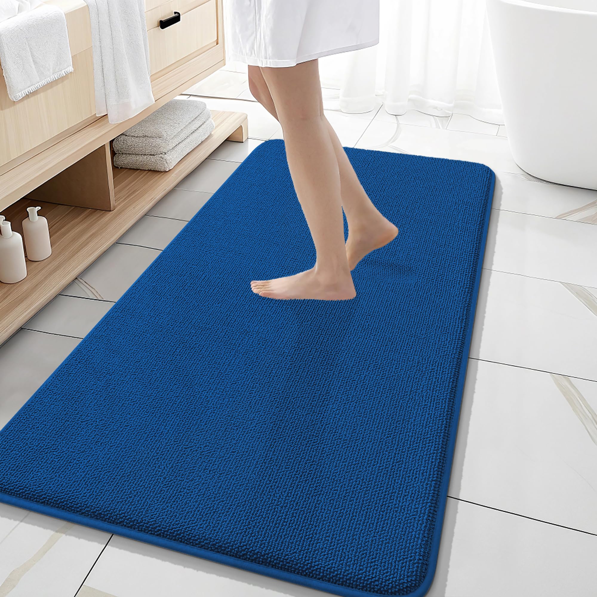 OLANLY Memory Foam Bathroom Runner Rugs 47x20, Long Bath Mats, Royal Blue