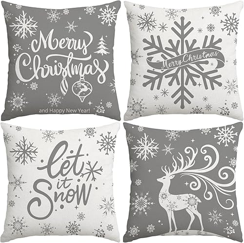 Artmag Juego de 4 fundas de almohada de Navidad de 16 x 16 pulgadas, diseño de copos de nieve Let it Snow Moose en invierno, vacaciones, color gris,