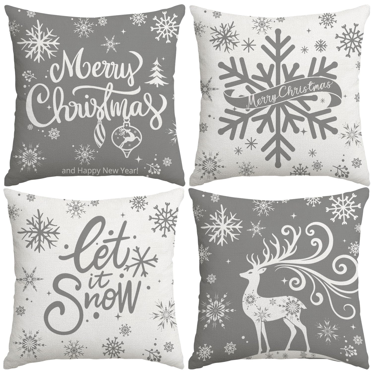 Miaikoe Merry Christmas Cushion Covers 50x50cm Snowflakes Let it Snow Moose Winter Holiday Grey Cushion Cases for Christmas Holiday Coach Sofa Decorations Set of 4