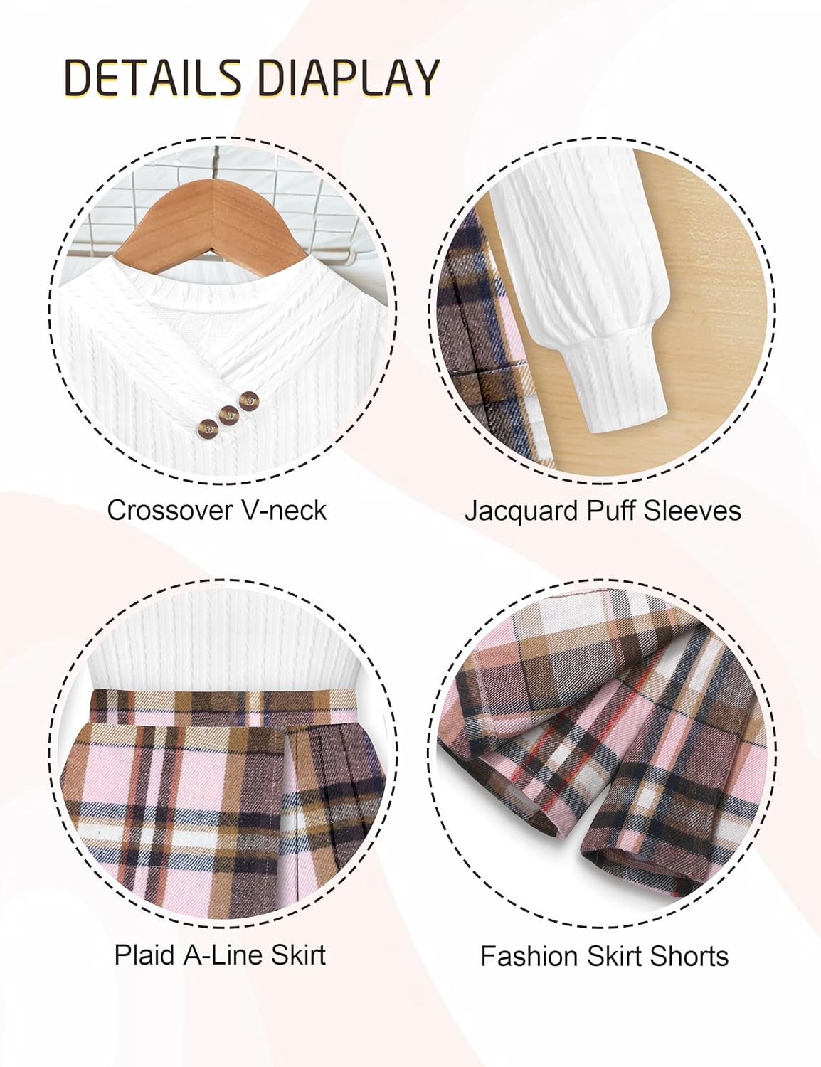 Girls Clothes Skirt Sets V-neck Jacquard Puff Sleeve Shirts Top Plaid Mini Skirt Shorts Girls Outfits with Beret 7-14Y - Image 6