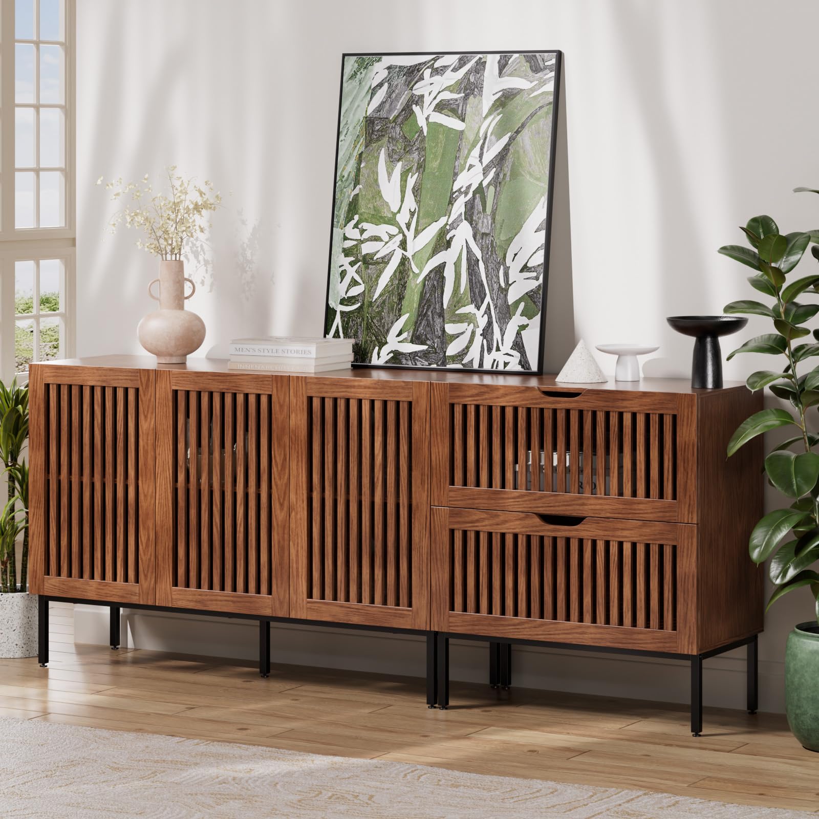 storage cabinet,75" farmhouse buffet cabinet with metal base and adjustable shelves,sideboard coffee bar cabinet with 3 doors for kitchen,dining room,living room,brown