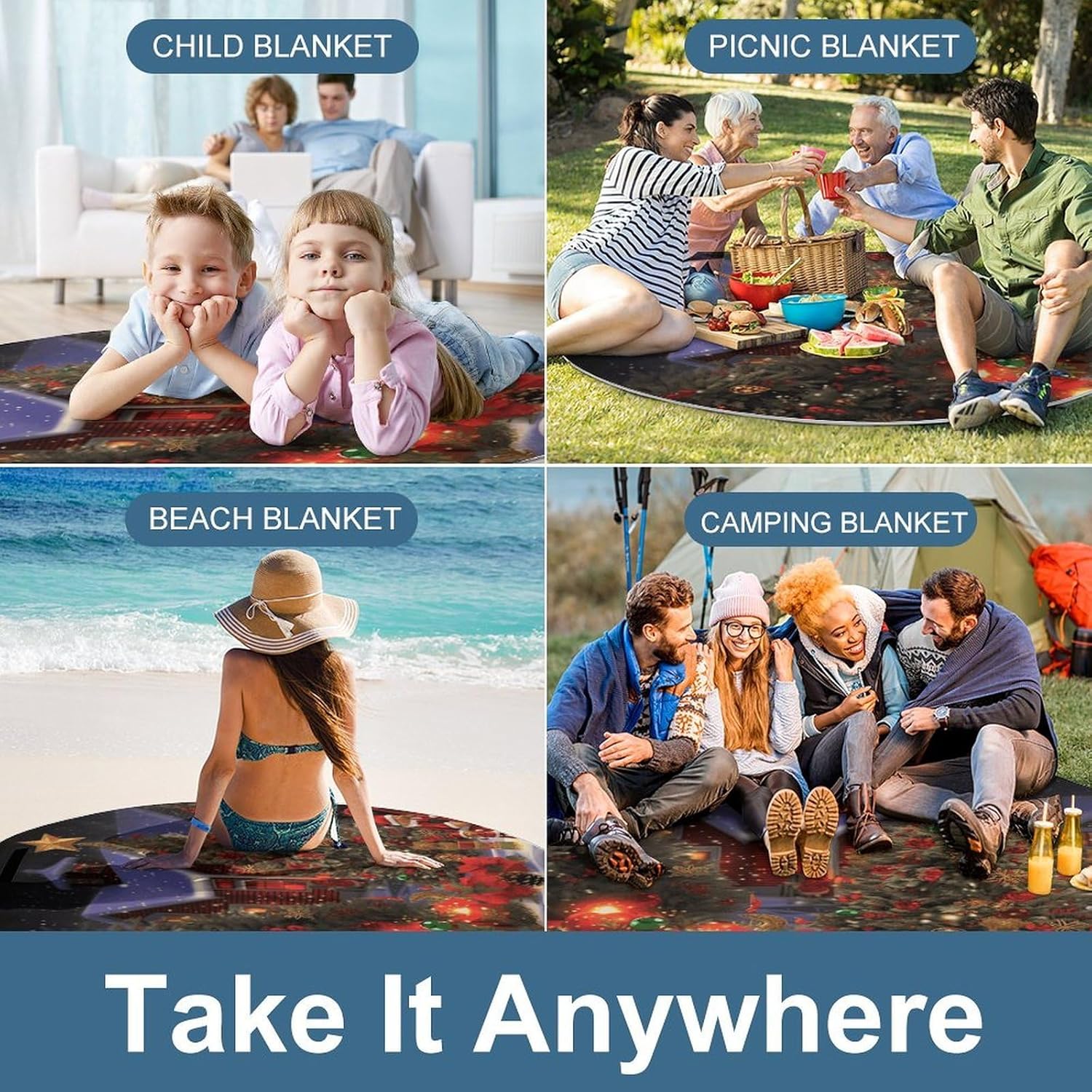 Christmas Cheer Picnic Mat Lightweight Waterproof Picnic Blankets Extra Large Picnic Outdoor Blankets Foldable Sandproof Beach Blanket for Park Beach Camping Courtyard 58.3''x58.3''