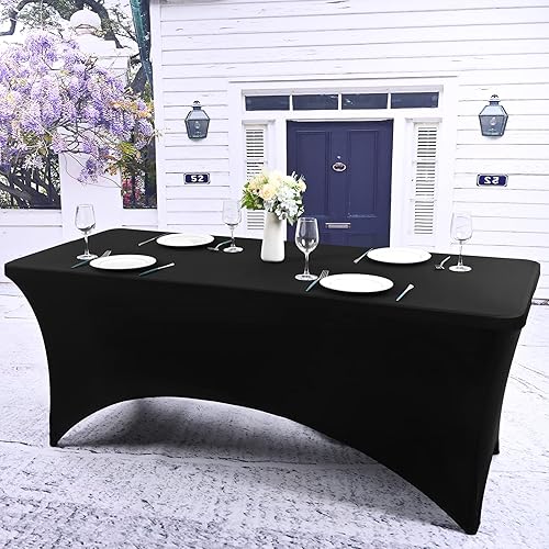 Miniatura 4 de YMHPRIDE Paquete de 6 fundas de mesa de elastano negras de 6 pies para mesas de 6 pies, manteles plegables negros ajustables para mesa rectangular