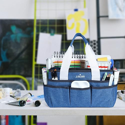 Miniatura 7 de JJRING Bolsa Organizadora Tote de Manualidades, Organizador de Arte con Múltiples Bolsillos, Bolsa de Costura Azul para Arte, Manualidades, Álbumes