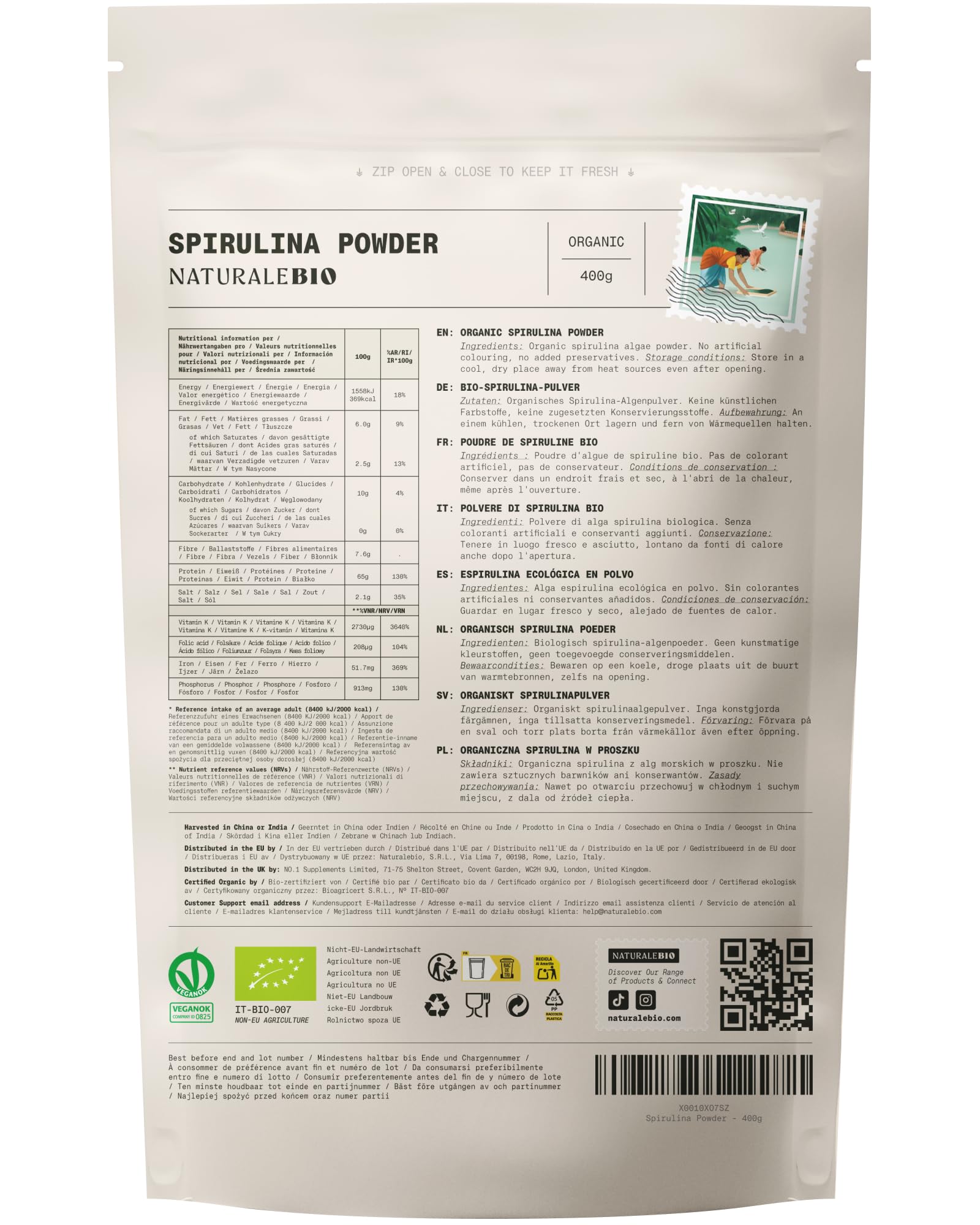 NaturaleBio Alga Spirulina Biologica in Polvere 400g. Bio, Naturale e Pura, Coltivata nelle regioni Tropicali dell'Asia. Ideale in Bevande, frullati o per Ricette. Adatta a Vegetariani e Vegani.