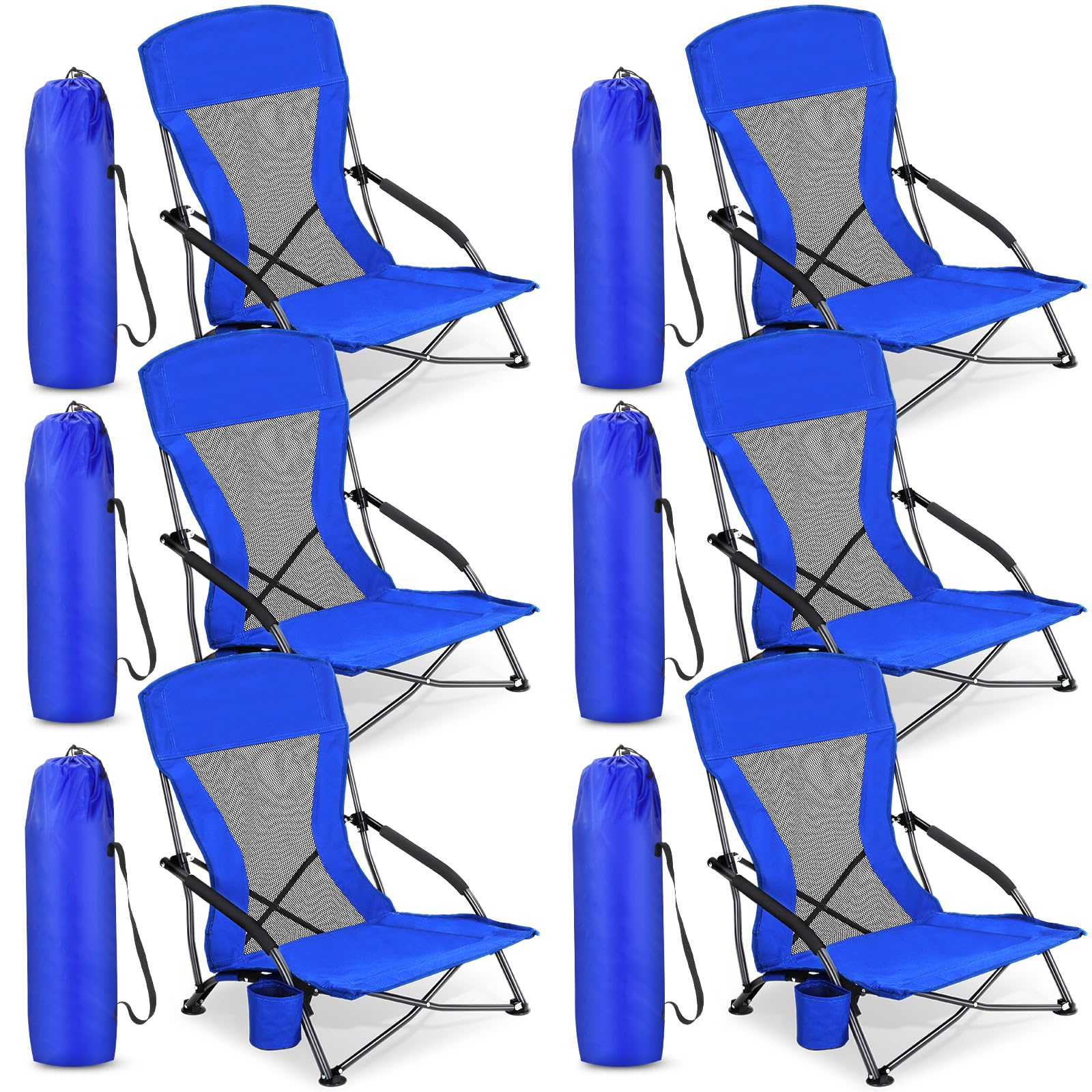 6 Packs Low Beach Chairs for Adults Portable Folding Beach Chairs with Cup Holder & Carry Bag Low Back Travel Beach Chair Compact Beach Chairs Lightweight Low Profile Lawn Chairs for Concerts