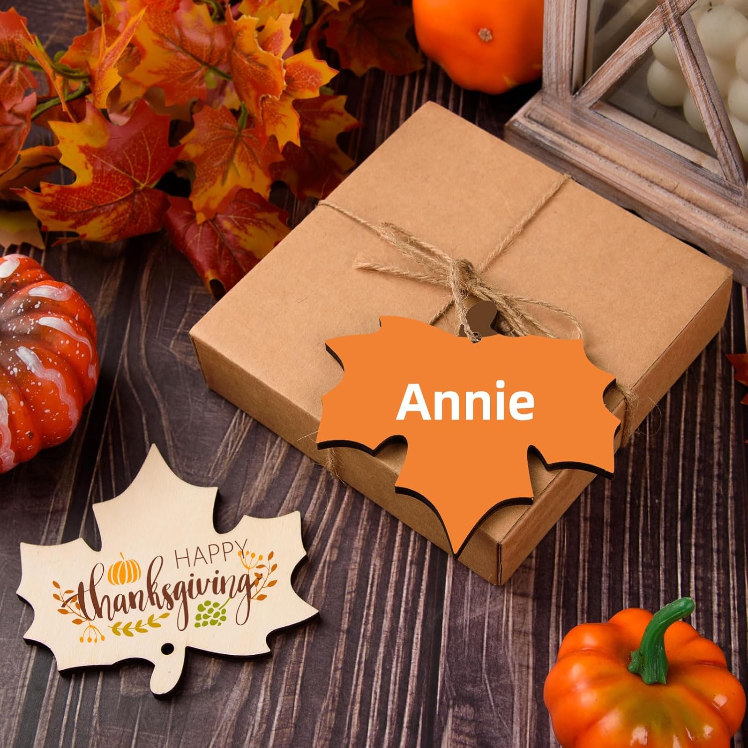 AWIZOM 60 Pcs Unfinished Fall Leaf Wooden Ornaments Wooden Maple Leaf Cutouts with Hole Blank Wood Maple Leaves Slice with Twine for DIY Craft Tags Autumn Harvest Thanksgiving Hanging Decor,4.13x3.94 - Image 4