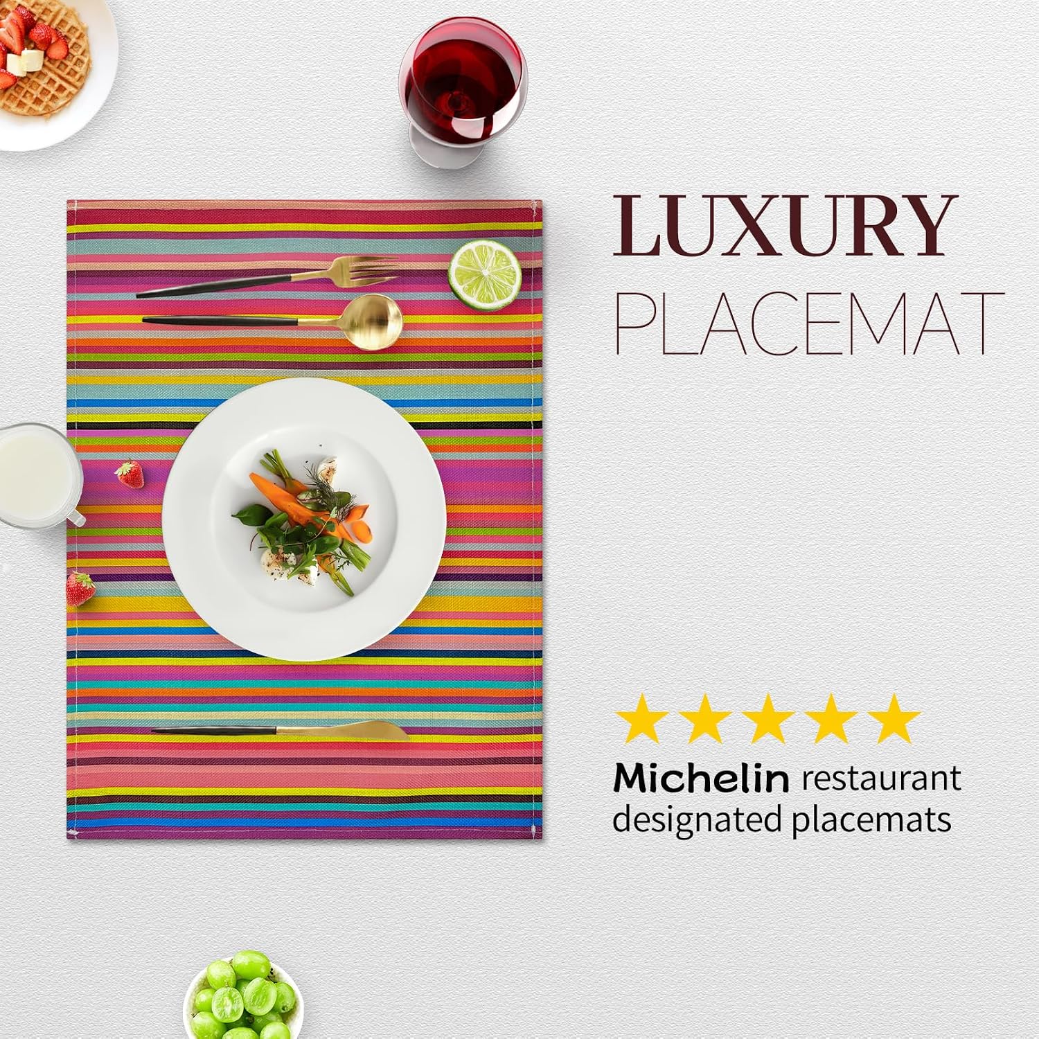 Rainbow Placemats Set of 4, 12x18 Inch Faux Linen Table Mats