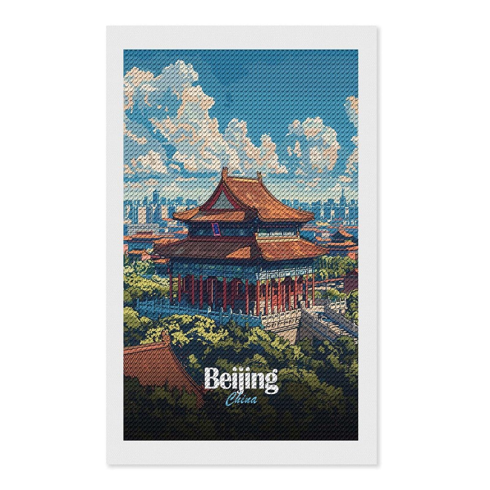 Junmoney Beijing Cityscape Full Drill Diamond Painting Kit 12"x20", for Teens, Calming Craft to Unwind, Home Wall Decor, Christmas Gift