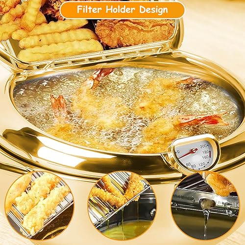 Miniatura 4 de Olla para freír tempura de 11 pulgadas4.2 L con tapa, olla de acero inoxidable 304 con control de temperatura y rejilla de drenaje de aceite para