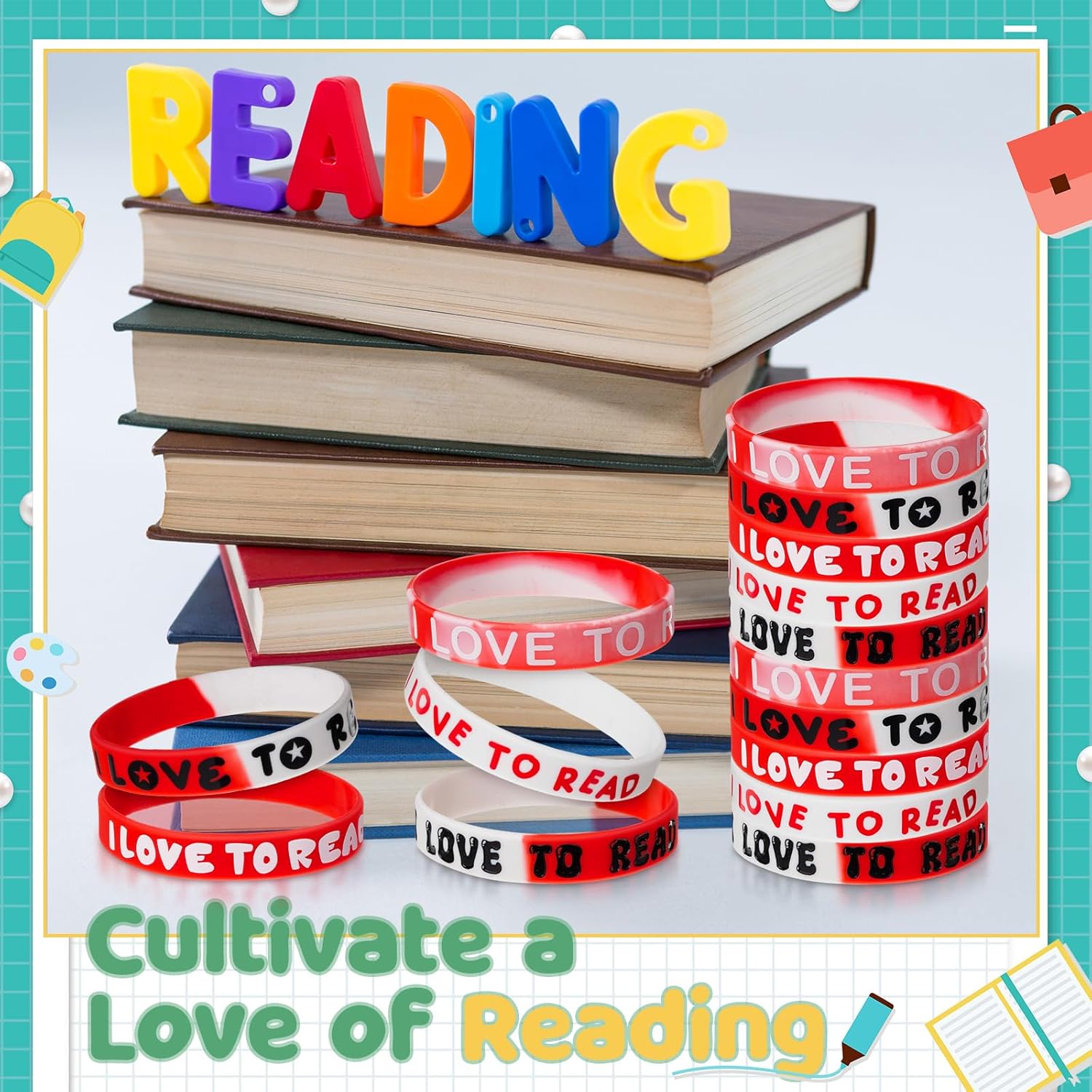 60 PCS I Love to Read Rubber Bracelets Reading Motivational Wristbands Rubber Bracelets for Kids Book Lovers Kids Students Back to School Gifts Rewards Teachers Classroom Decoration Party