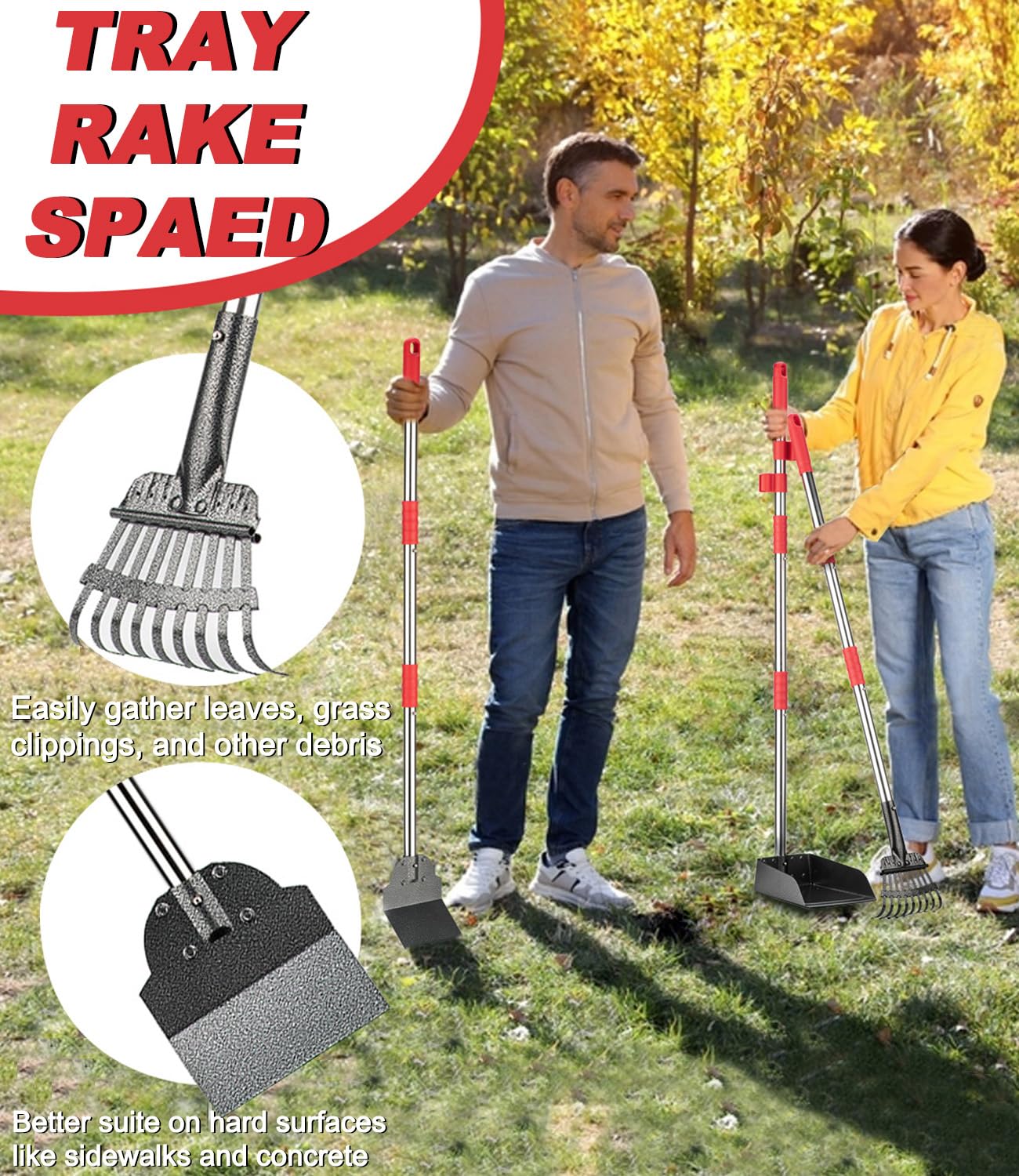 FUSBUNTY Paletta per cecini, Manico Lungo, rastrello in Acciaio Inox Resistente, con Vassoio e Vanga, Set per la rimozione dei rifiuti di Animali Domestici, per Erba, Sporco o Ghiaia