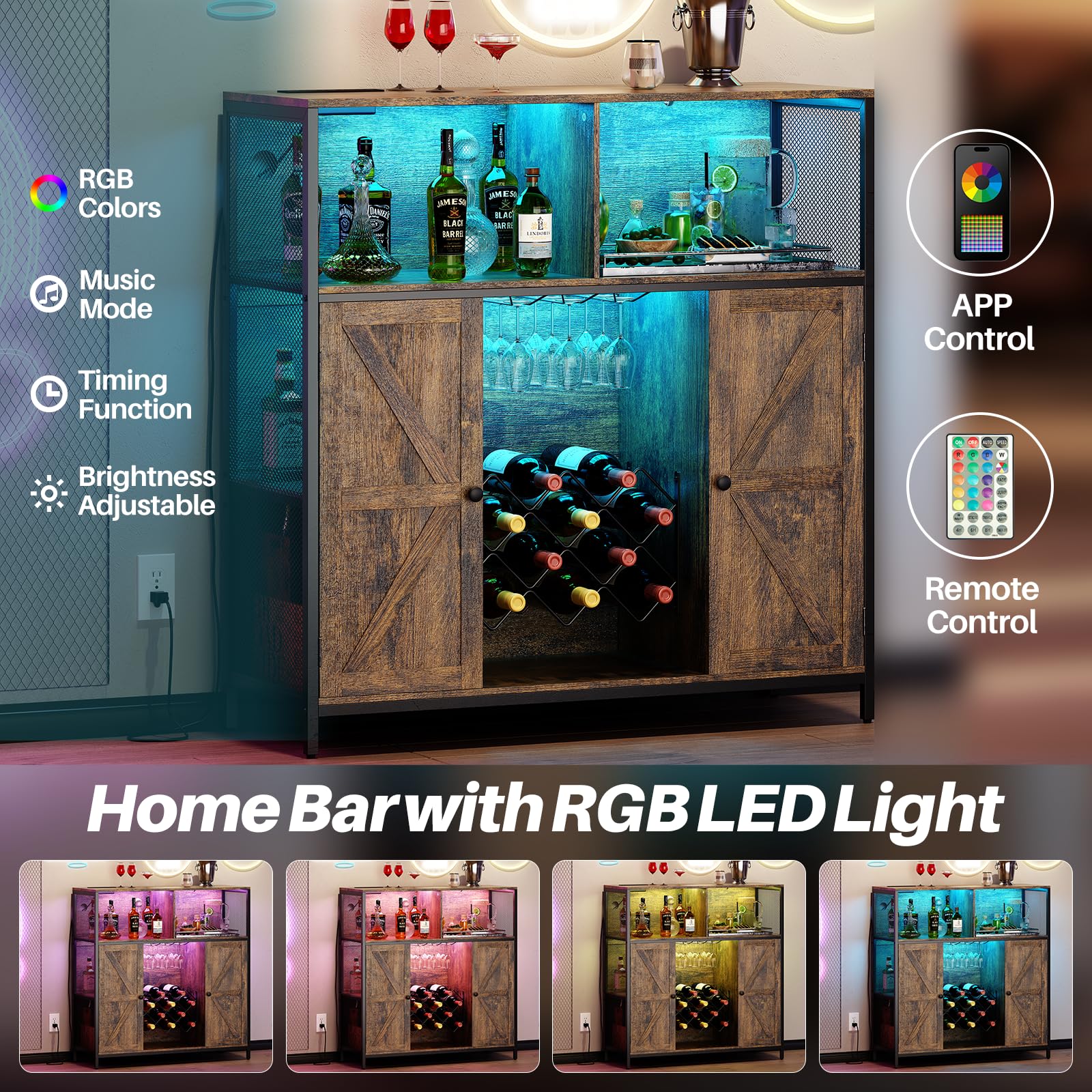 Cave à vin avec prise de charge, armoire de bar vintage avec lumière LED, armoire de cuisine et buffet avec étagère à vin en métal, 6 compartiments, 108 x 39 x 111 cm (marron rustique)