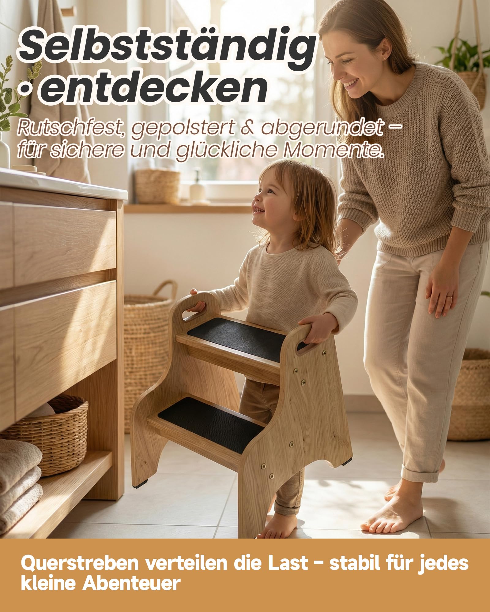 Tritthocker Kinder aus Holz – extra stabil & rutschfest, Anti-Rutsch Stufen, sichere Rundkanten, Fester Halt – ideal für Bad, Toilette & Küche