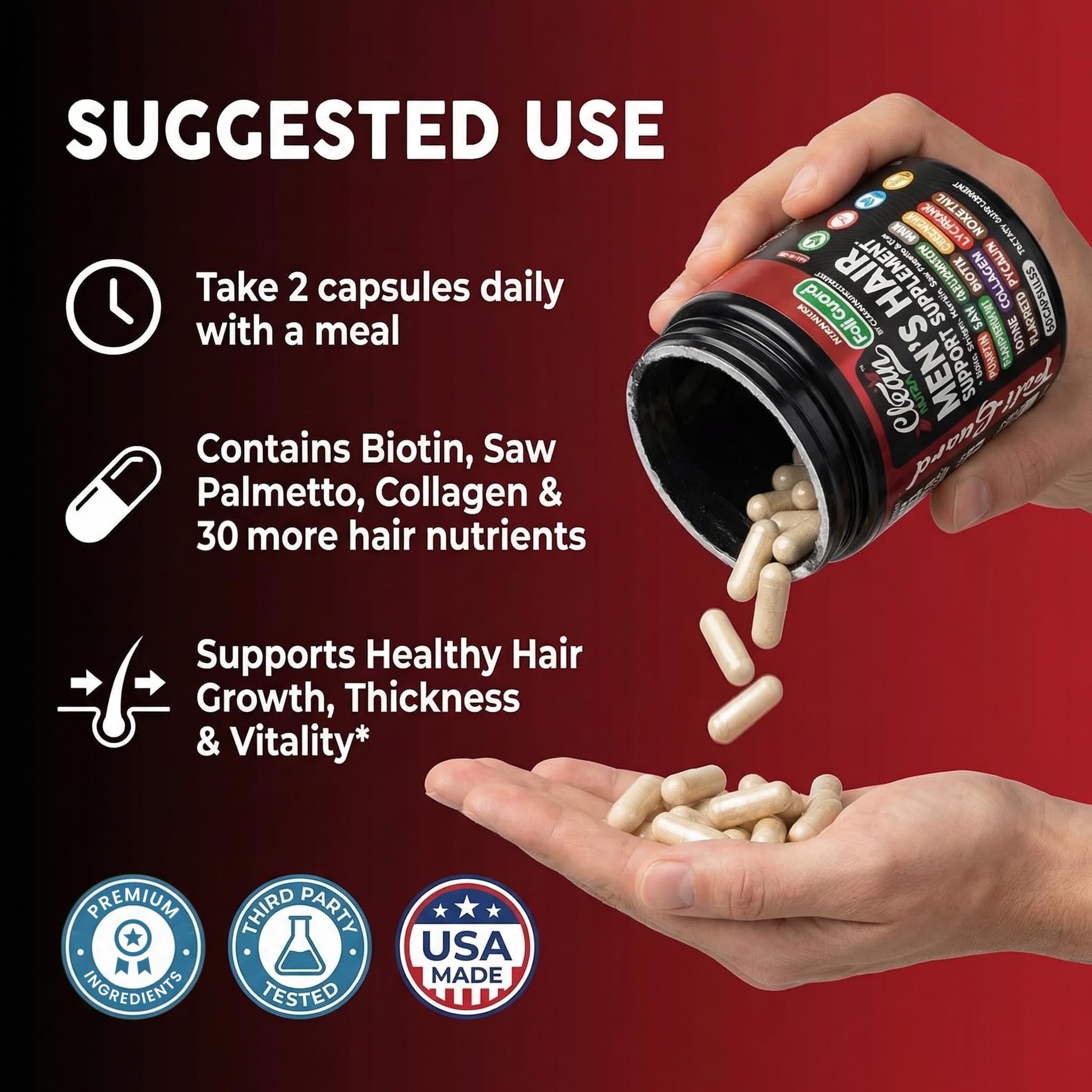 Hair Growth Supplement For Men | Biotin Hair Vitamins Collagen Pumpkin Seed Saw Palmetto Iron Ginseng Bamboo Silica Rosemary Peppermint Keratin Selenium Iodine Flaxseed Horsetail Vitamin A C D3 E B12 — Amazon image 6
