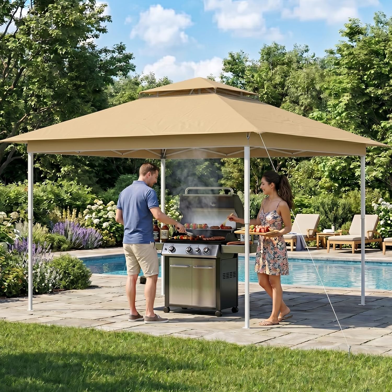 ECOTOUGE Pop Up Gazebo, Canopy Tent Instant Shelter Party Tent with Mosquito Nettings, Carrying Roller Bag Waterproof and UV Resistant for Patio, Grill and Backyard (Khaki, 12 FT)