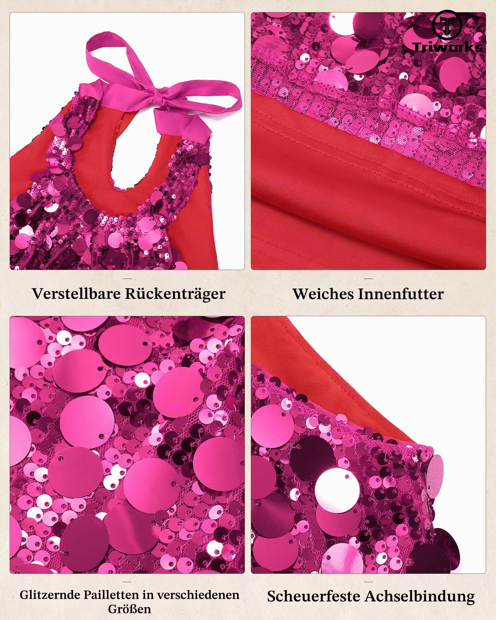 TRIWORKS Rosarot Glitzer Oberteil Top Damen Neckholder Pailletten Top für Damen elegant Glitzeroberteil Frauen für Party Festival S