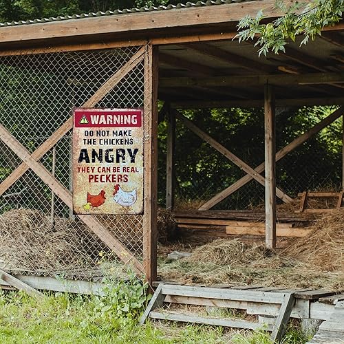 Miniatura 7 de Letrero divertido de pollo, letrero de metal para decoración de pared, letrero de advertencia con texto en inglés "Warning do not make the chickens