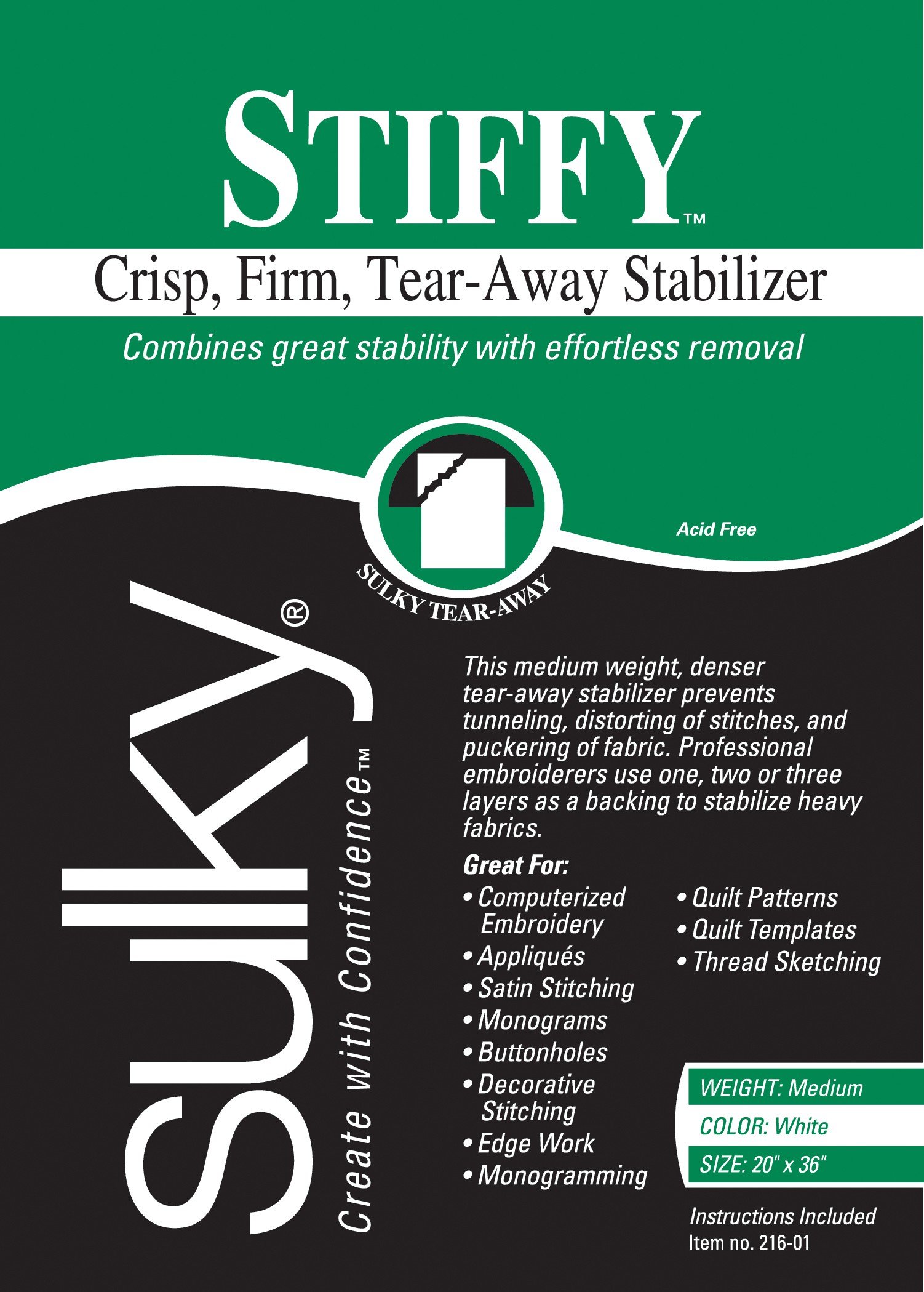Sulky 216-01 Stiffy Tear, Away Stabilizer, 20" by 36"