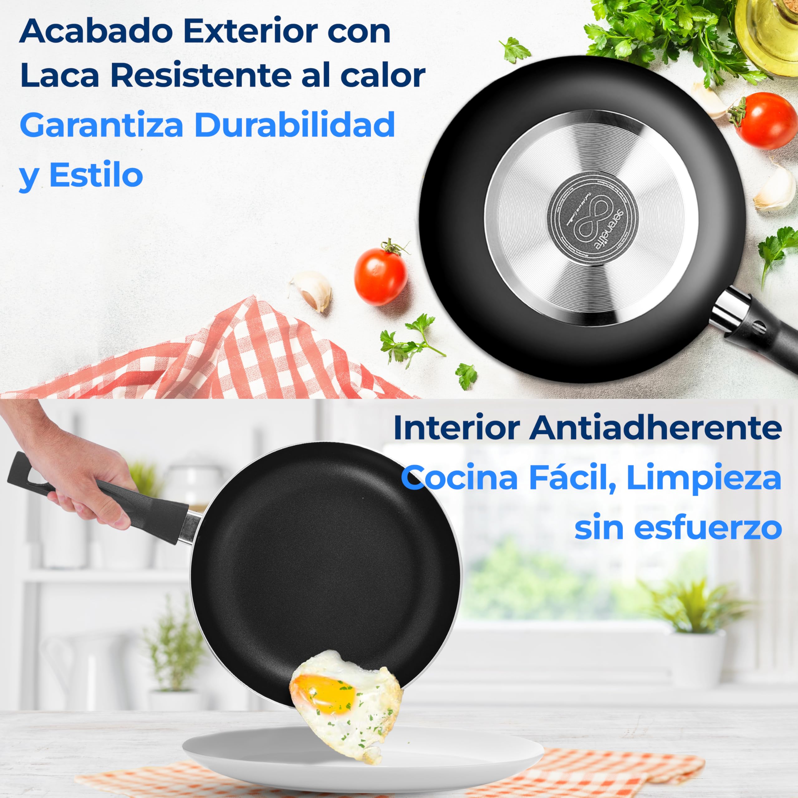 SereneLife bateria de cocina, Antiadherentes, 15 piezas, Resistentes al calor, Sartenes y ollas con tapas, Incluye utensilios