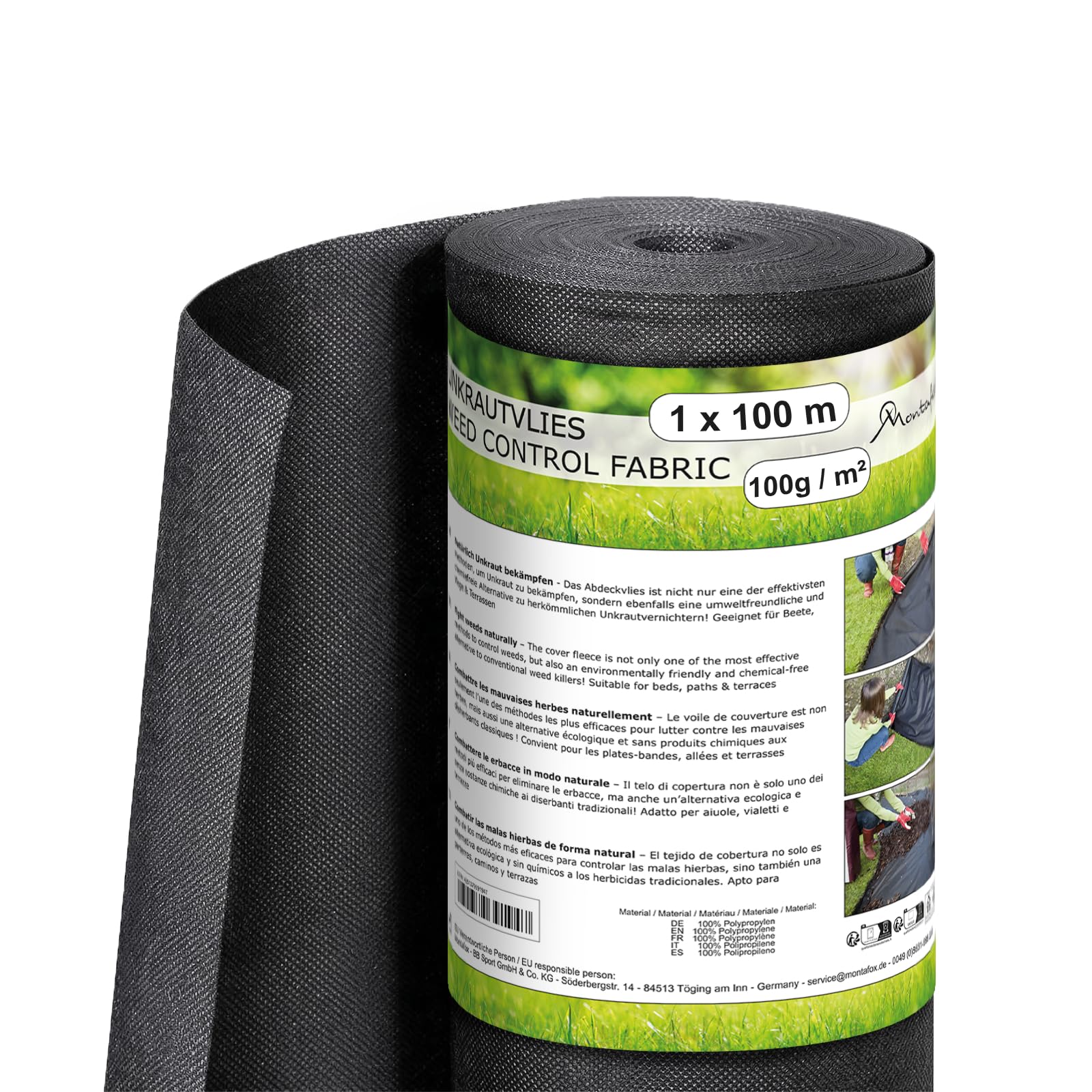Montafox Telo Pacciamatura 100m² – 100g/m² permeabile all’Acqua 1 x 100m Arrotolato – Tessuto Non Tessuto antierbacce per Giardino, aiuole e Ghiaia