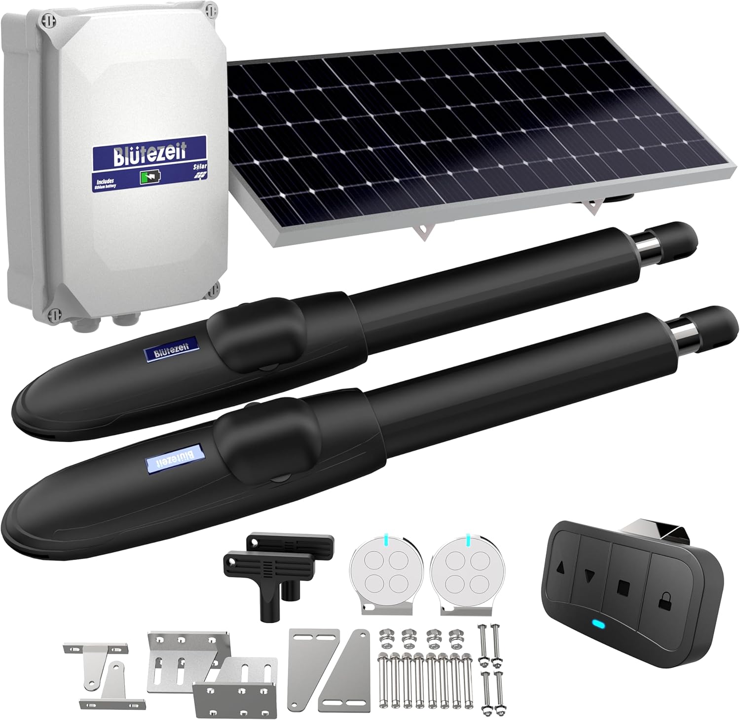 Blütezeit MS650 Solar Dual-Arm Swing Gate Opener + Visor Clip Remote – 1760 lb Operator with 24V Battery, 25W Solar Panel & Car-Mount Remote