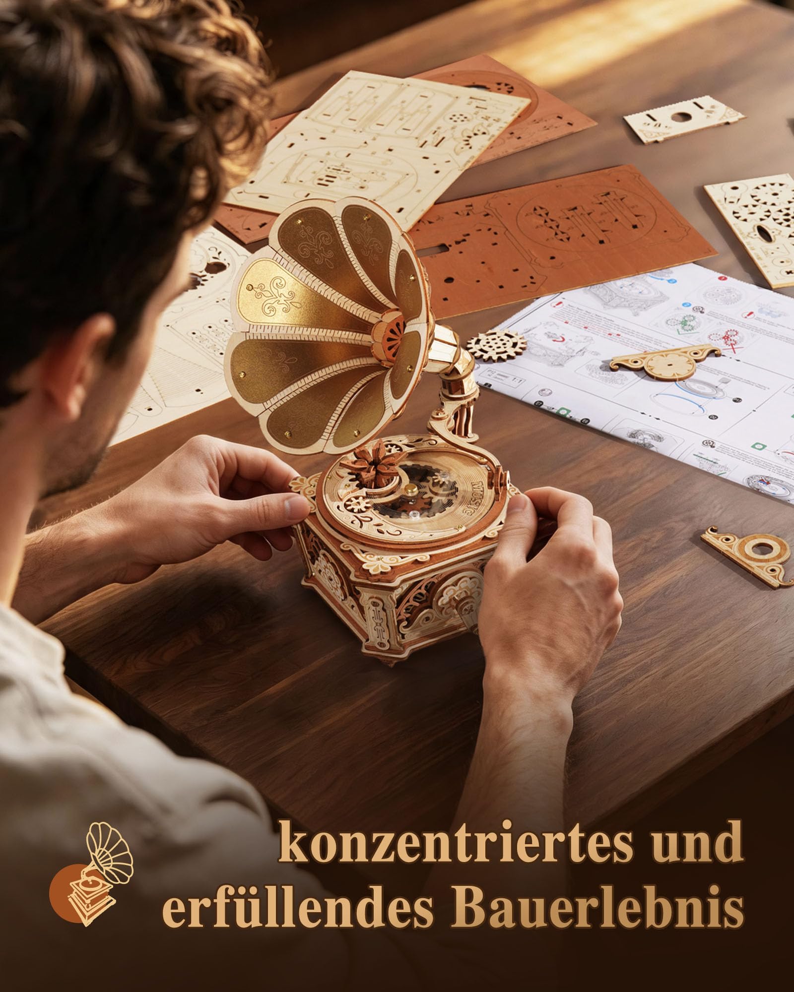 ROKR Diva Grammophon 3D Holzpuzzle Mechanische Spieluhr AMK82 | Vintage DIY Bausatz ohne Kleber, dekoratives Grammophon-Modell, kreative Geschenkidee für Erwachsene und Musikliebhaber