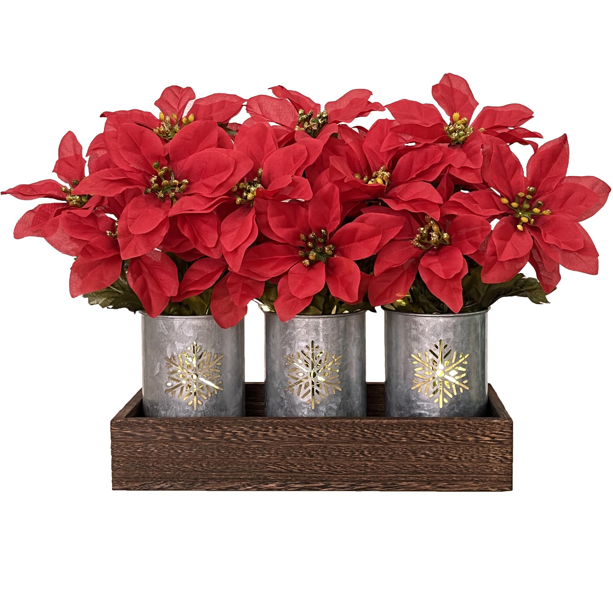 Poinsettias Fleurs de Noël artificielles avec lumières LED, centre de table de Noël rouge en pots et boîte en bois pour décoration