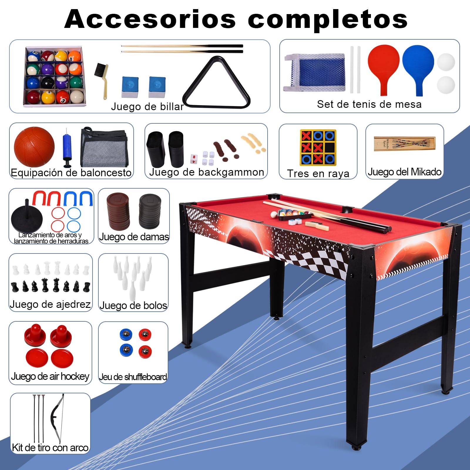 Mesa multijuegos 14en1 122cm Billar Ping Pong Air Hockey | Mesa de Juegos,Basket,Bowling,Ajedrez,Tiro con arco.Tableros apilables,madera,accesorios,ideal para familia.