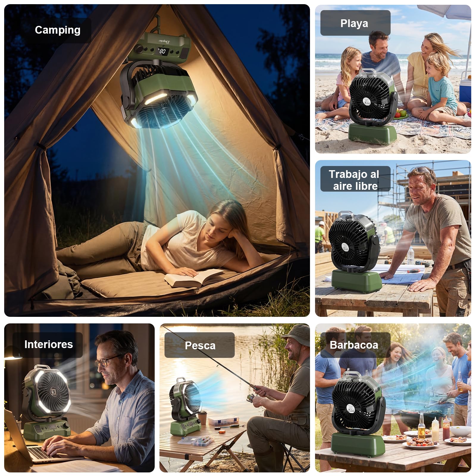 Ventilador Camping Portátil con Nebulizador y Luz LED, ventilador bateria recargable, Temporizador Rotación 270° Gancho para Colgar, Ideal para Camping Viajes Oficina (Verde)