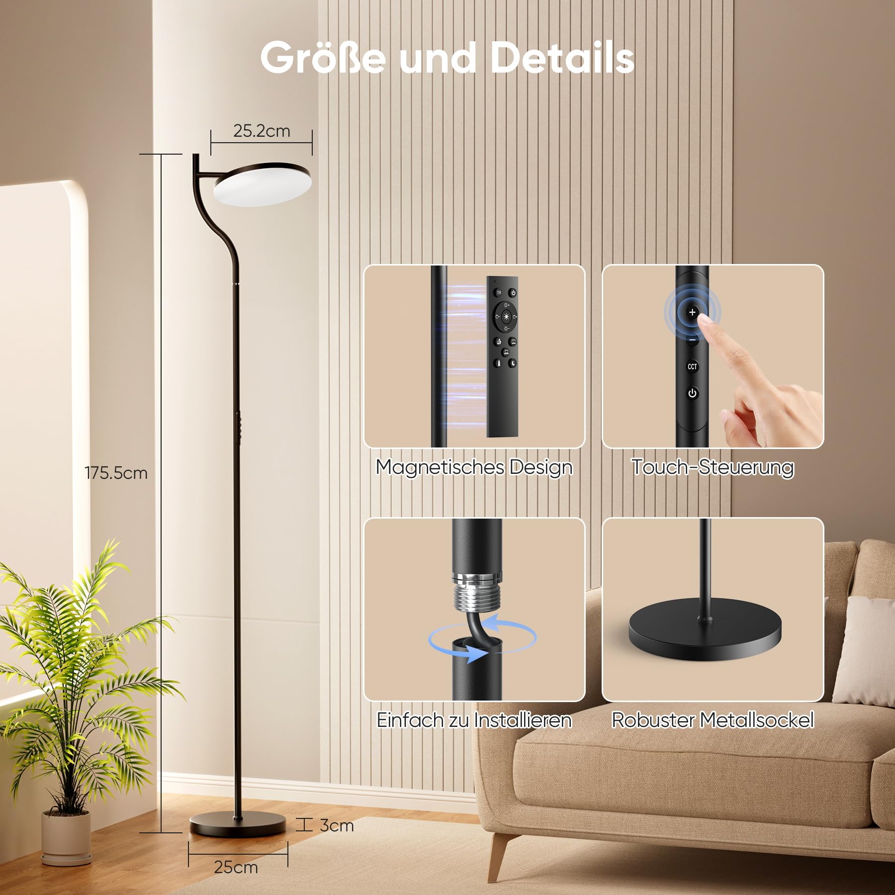 Bonsery Stehlampe Wohnzimmer Stufenlos Dimmbar, 36W Deckenfluter mit 2700K-6500K, Floor Lamp mit Fernbedienung & Touch Steuerung, 350°Drehbare Stehleuchte Modern mit Timer für Schlafzimmer Büro Lesen