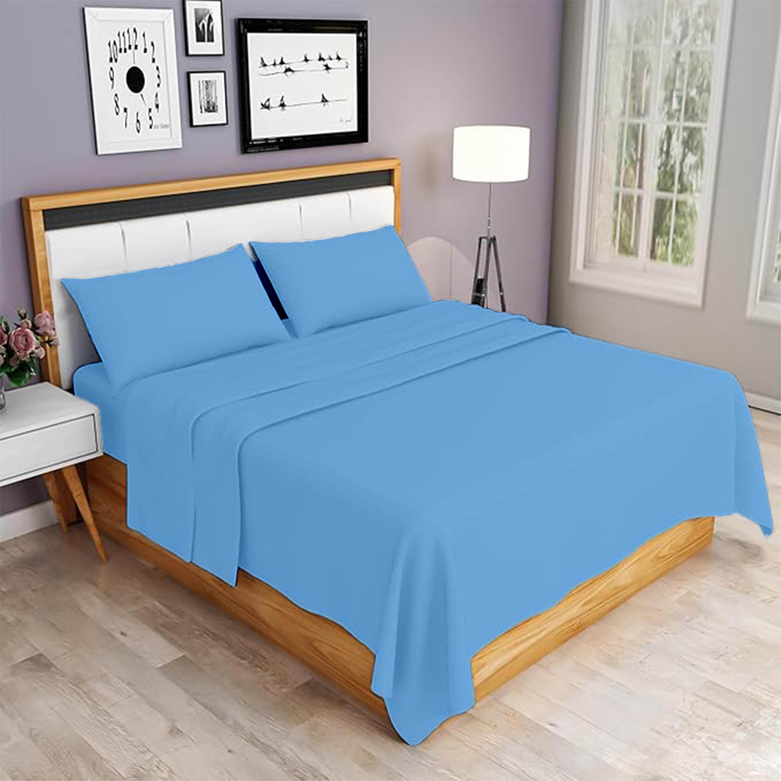 Rohi 4 Piece Brushed Cotton Flannelette Sheets & Pillowcases Set – Includes 1x Fitted Sheet, 1x Flat Sheet, & 2x Pillowcases – Soft, Warm & Cozy Brushed Cotton Sheets Set (Double, Blue)