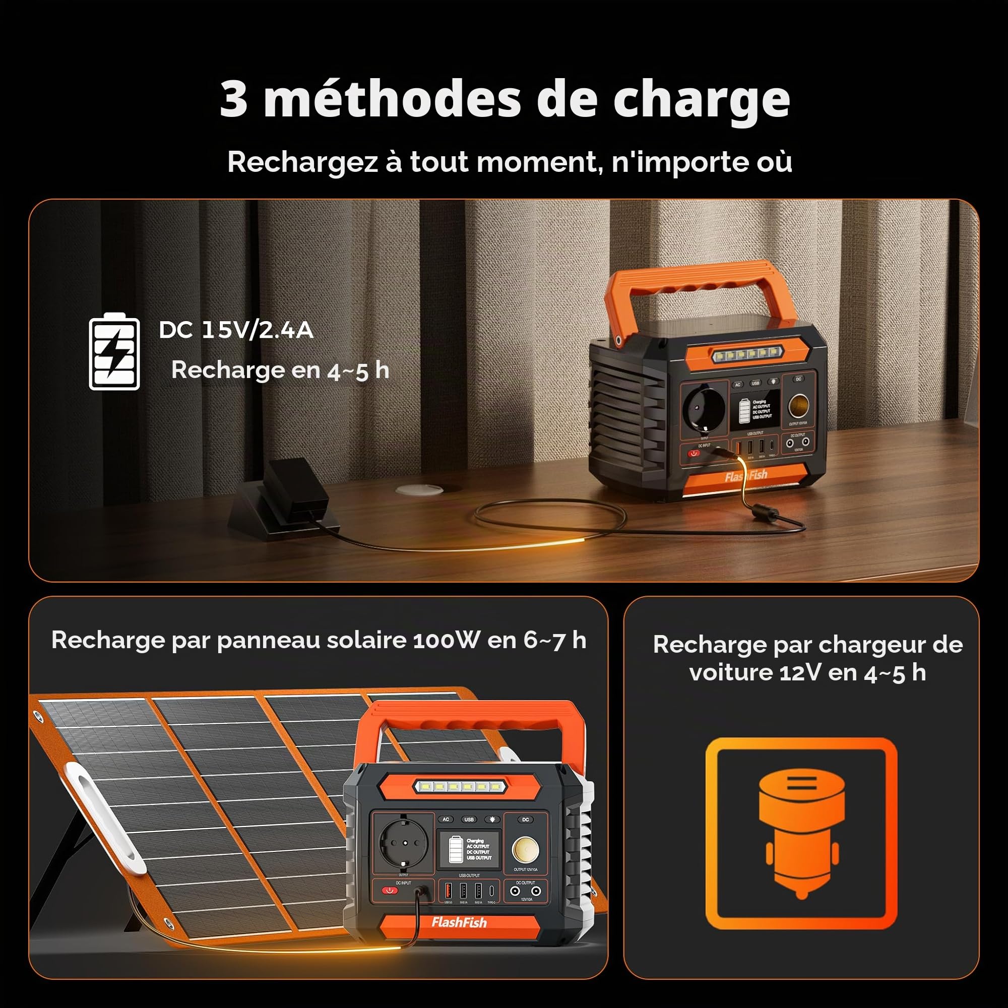 FlashFish Station d'alimentation portable 144,3 Wh avec panneau solaire 100 W, générateur solaire 200 W avec lumières 230 V AC/DC/USB/type C/LED, générateur de batterie pour camping, voyage