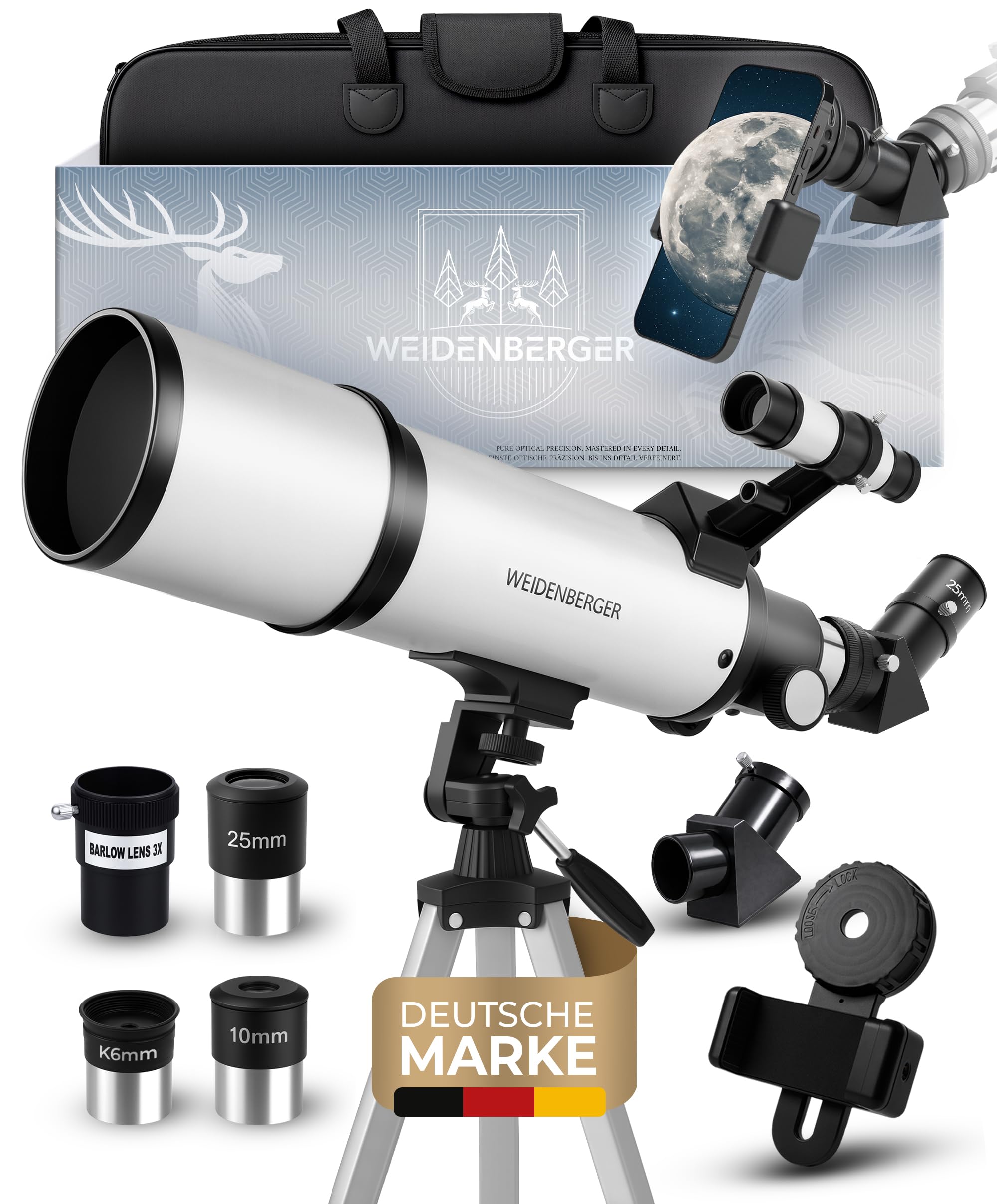 Teleskop 80600 – Refraktor-Fernrohr, 800 mm Brennweite, 60 mm Öffnung mit 3 Okularen + 3× Barlow-Linse, Sucherfernrohr, Stativ & Handy-Adapter – für Erwachsene & Einsteiger