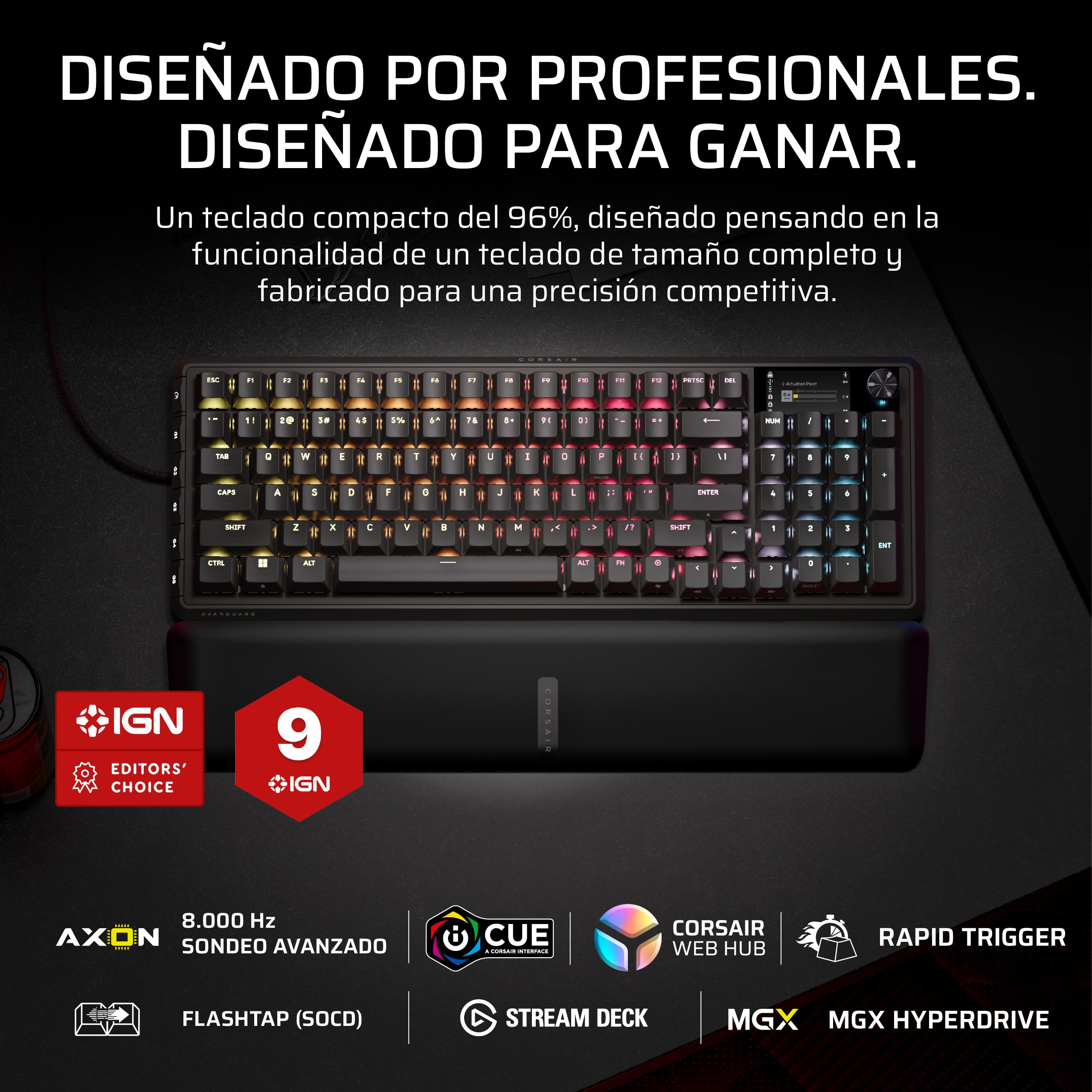 Corsair Vanguard Pro 96 Efecto Hall Teclado con Cable para Juegos - Negro | QWERTY ES, Formato 96%, MGX Hyperdrive Interruptores, 8 000 Hz, Rapid Trigger, Virtual Stream Deck, Flashtap SOCD