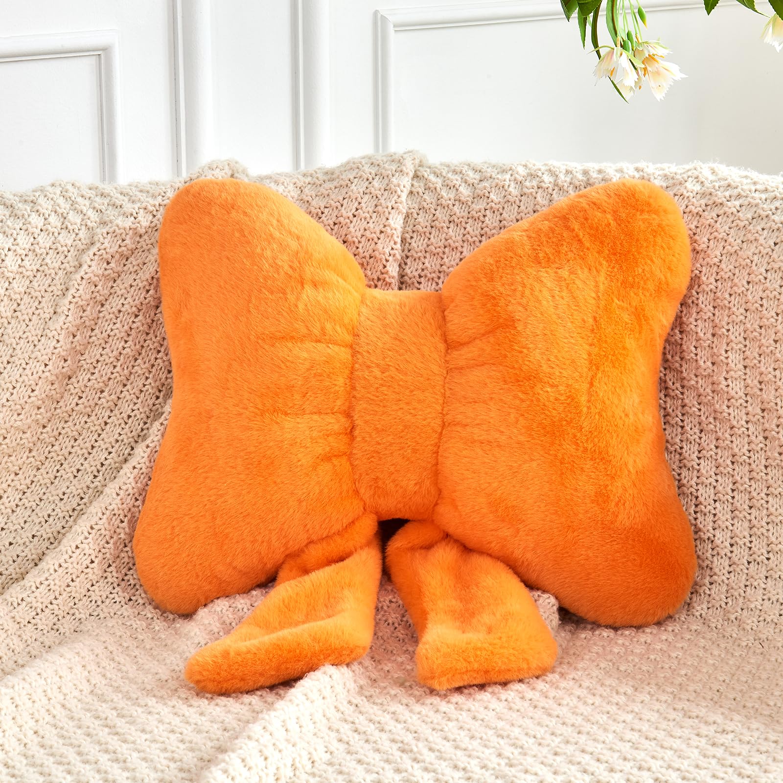 XVTRU Bow Pillow, Soft Bow Decorative Pillows with Faux Rabbit Fur, Cute Bow Throw Pillows, Aesthetic Home Decor Bow Shaped Plush Pillow for Bedroom Sofa Couch (Orange, Small-12 Inch)