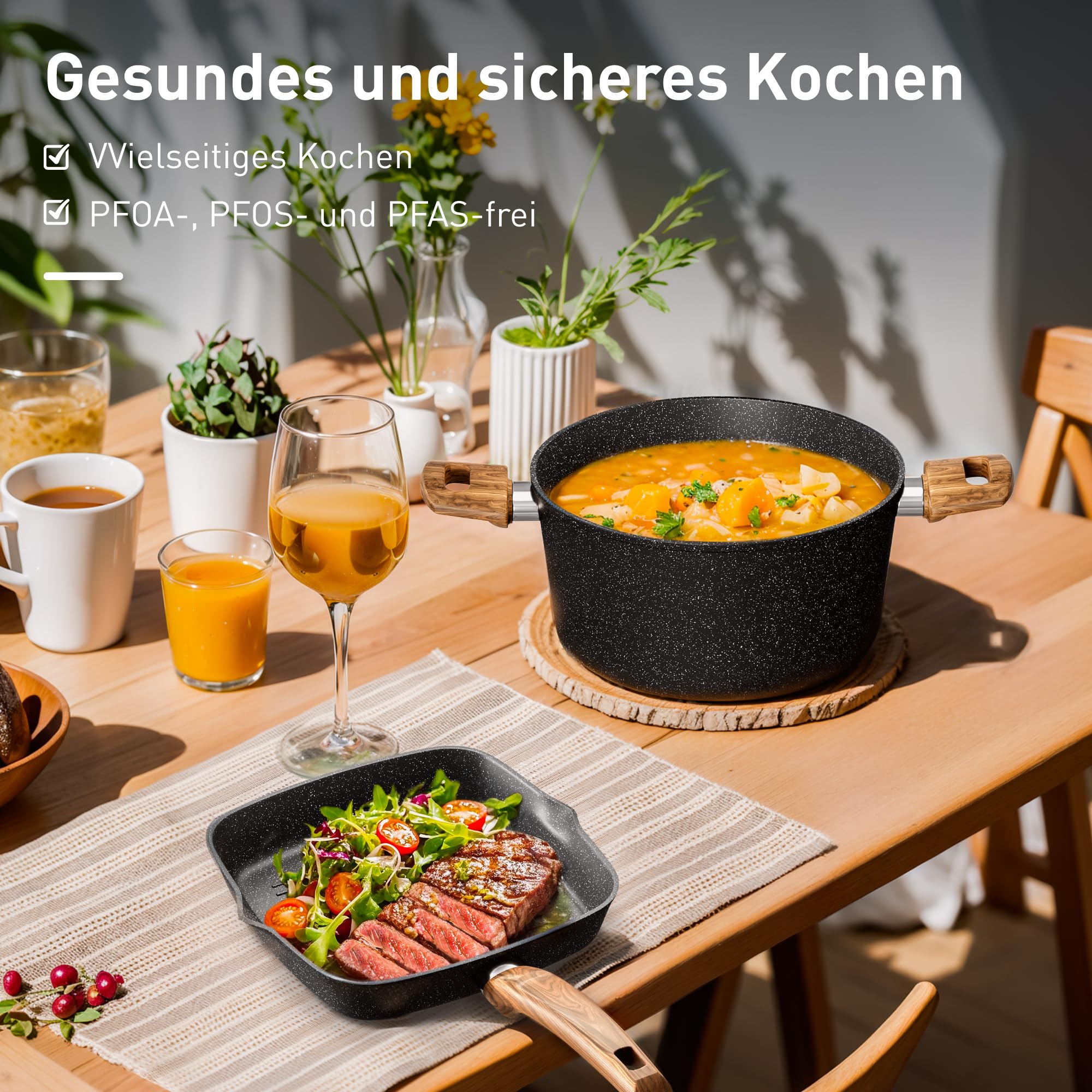 DishDelight Induktions-Kochgeschirr-Set mit Grillplatte 30-teiliges Induktions Töpfe Set Topf und Pfannenset mit Deckel Granit Antihaftbeshichtung Topfset Kochtopf