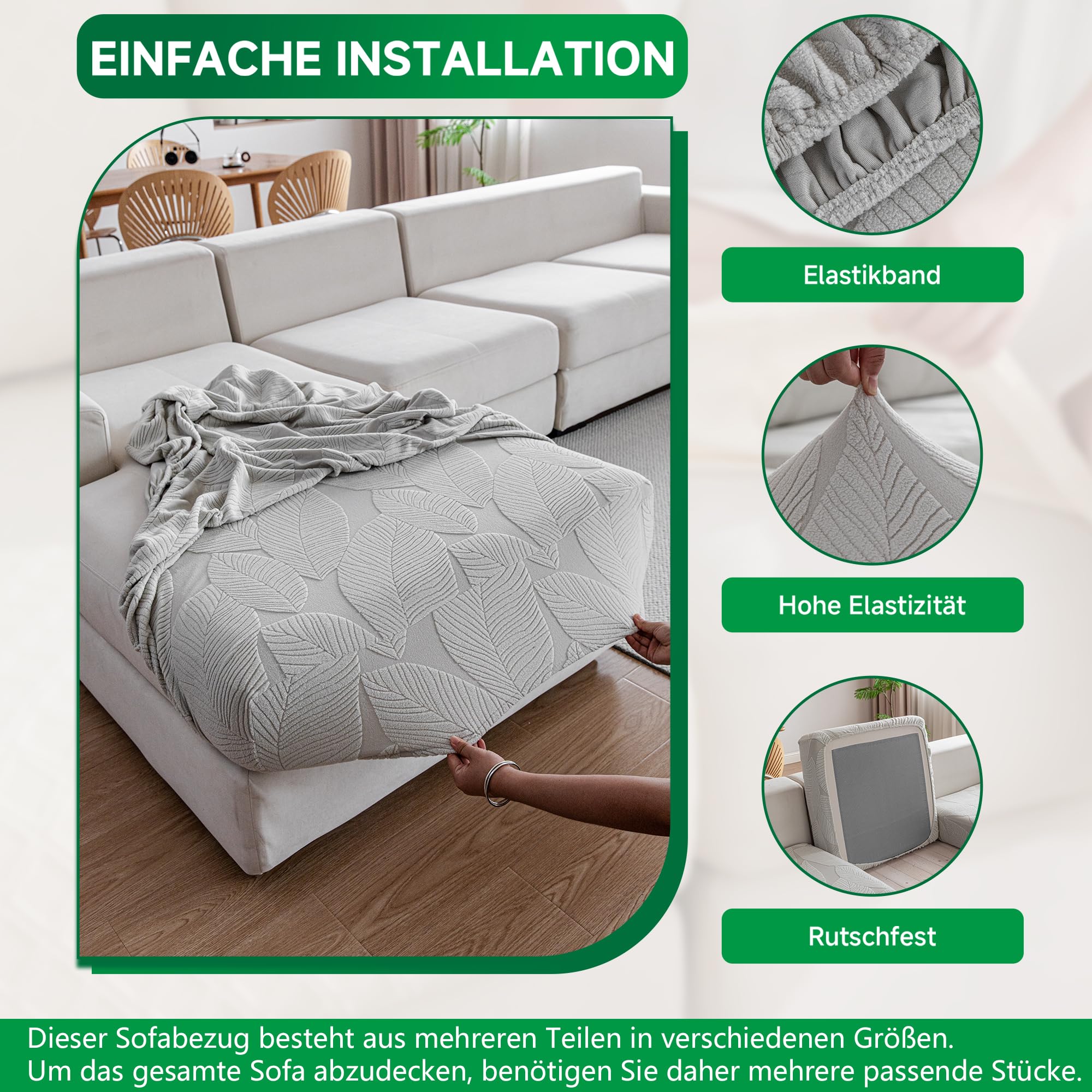 OHSIO Rivestimento per divano – Copridivano universale elastico per cuscino, antiscivolo, lavabile e facile da pulire, ideale per la protezione del divano (grigio chiaro, 1 coprisedile L)