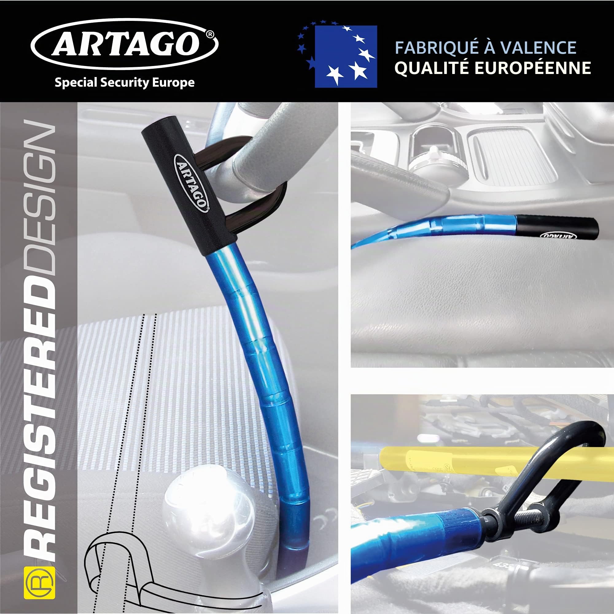 Artago 582/B Antivol Voiture Volant Siege Flexible, Plus Pratique, Câble d'Acier Blindé Articulé, Serrure a Disque Bloc Canne Barre Anti Vol a Clef, Universelle pour Bloque Auto, Camping Car, Van