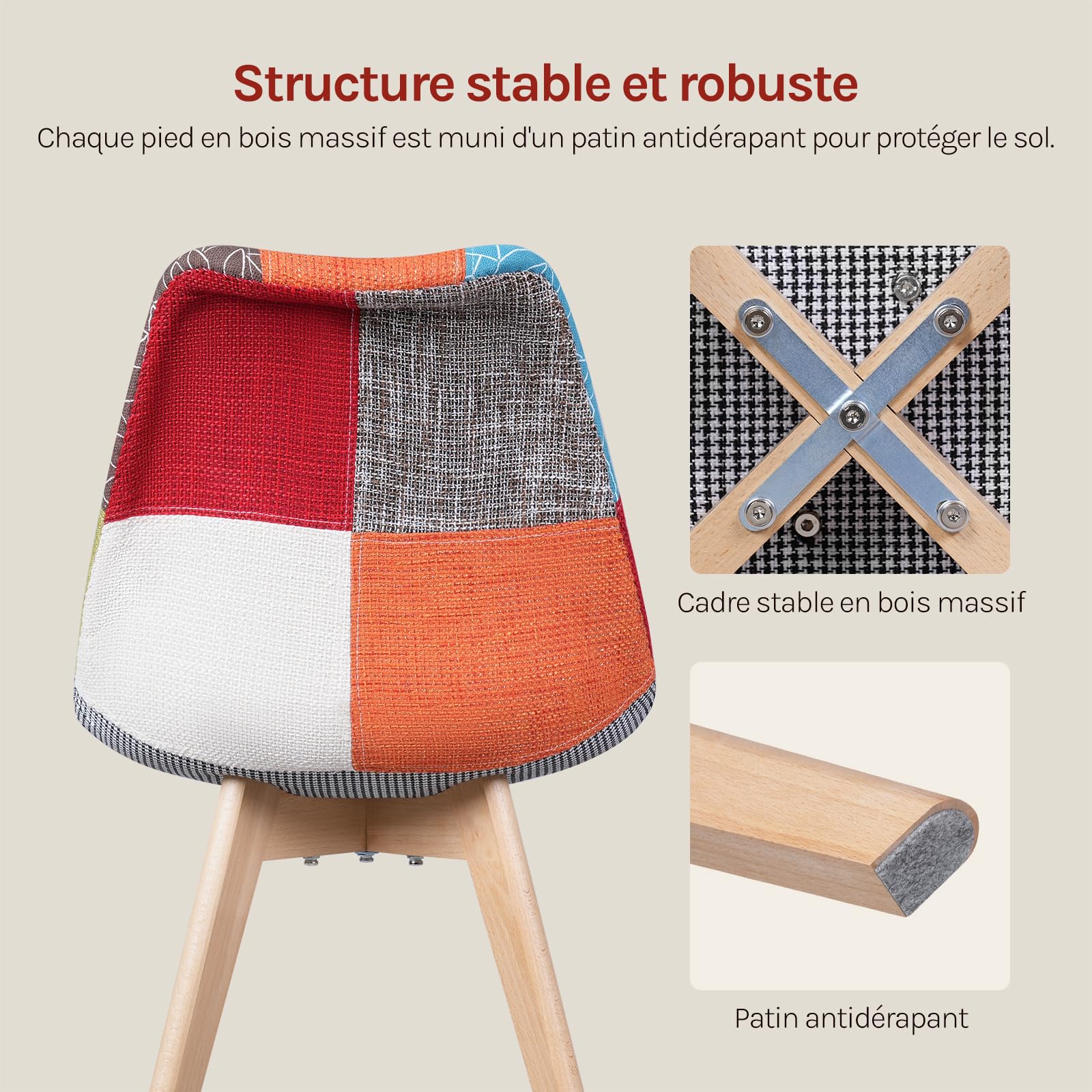 WOLTU Lot de 4 Chaises de Salle à Manger sans Accoudoirs, Chaises de Cuisine Patchwork, avec Pieds en Bois Massif, Style Scandinave, pour Salle à Manger ou Salon, 47x56x81,5 cm, Multicolore