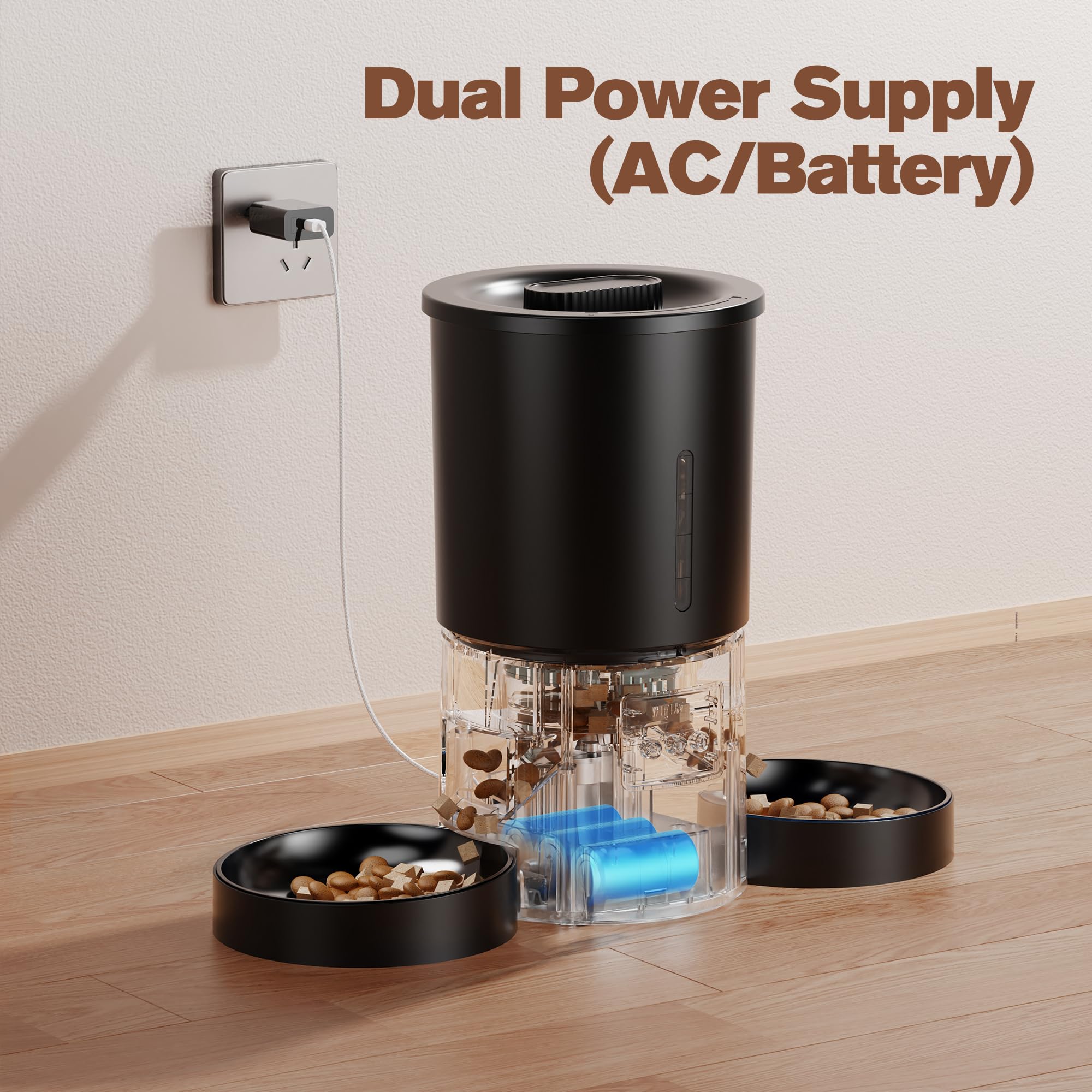 Comedero Gato Automático Doble & App: Dispensador Automático de 5L con WiFi 2.4G y Temporizador para Comida Seca - Diseño de Comedero Doble AONBOY para Múltiples Gatos y Perros - Negro