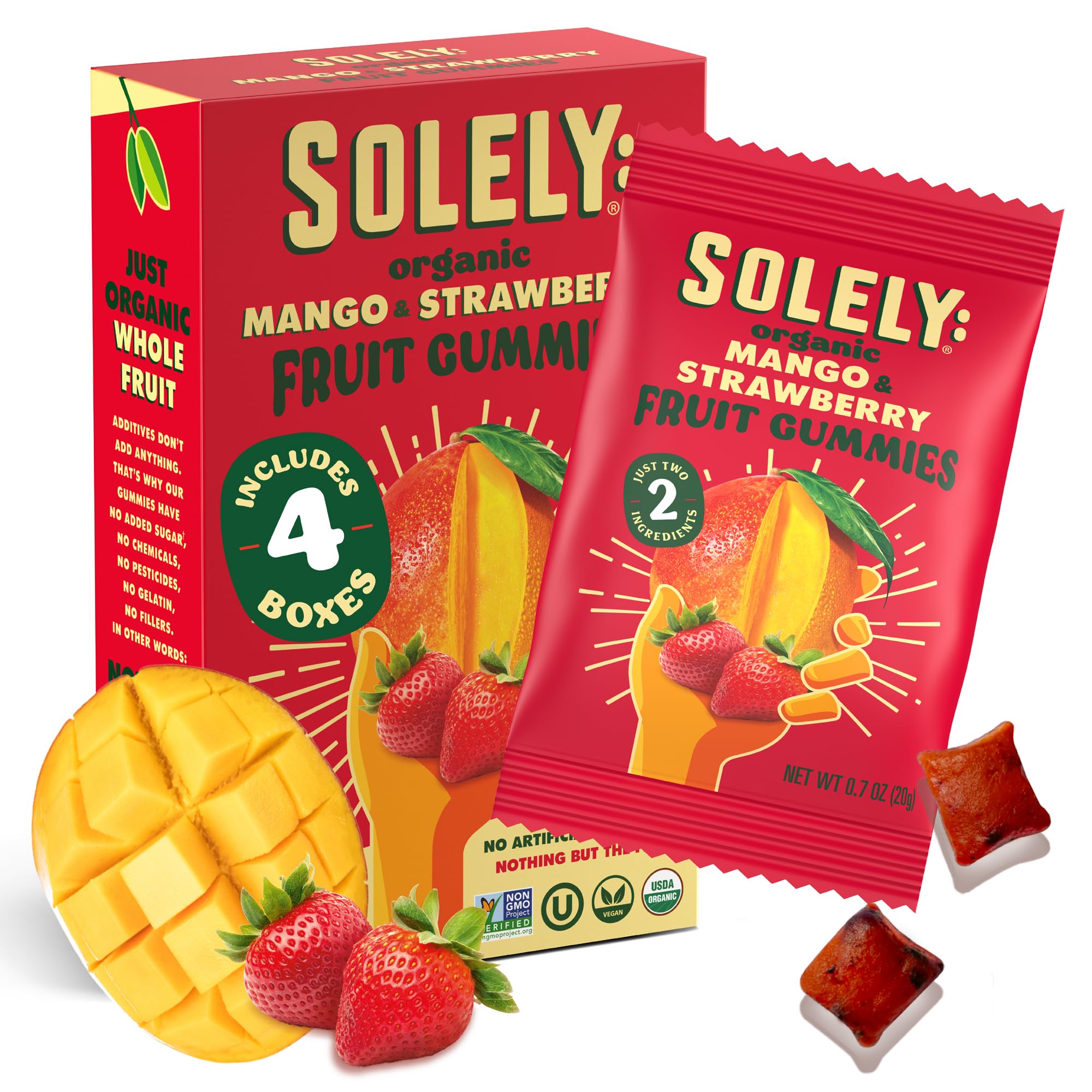 SOLELY - Organic Mango & Strawberry Whole Fruit Gummies (Pack of 4, 5 Bags per Box) - Real Fresh Fruit - Healthy Snacks for Adults & Kids - Non GMO, Vegan Snacks, Shelf Stable - 20 Bags (3.5 oz)