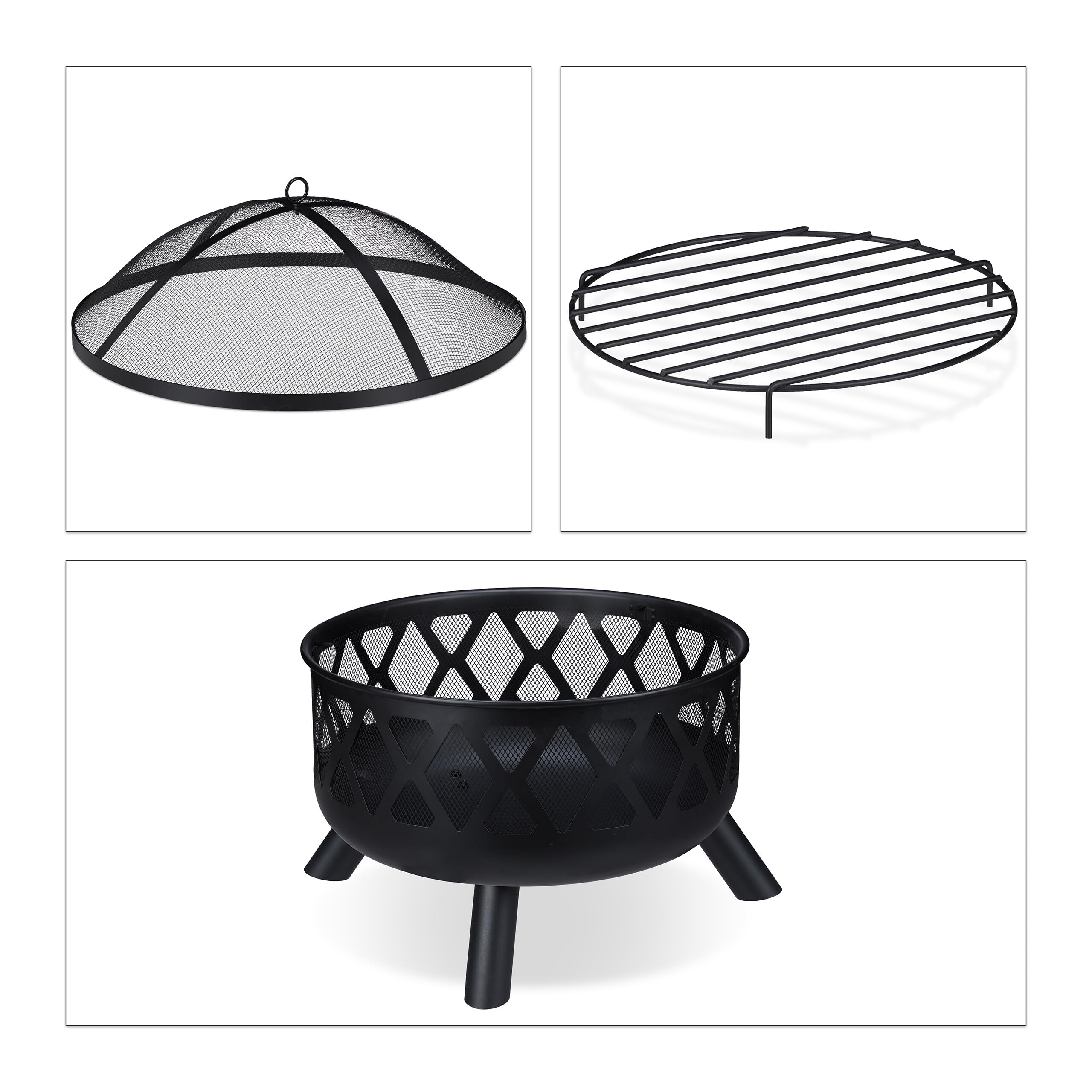 Relaxdays Brasero Exterior con Protector Antichispas, Cuenco Fuego Jardín y Terraza, Atizador, Acero, Ø 62 cm, Negro