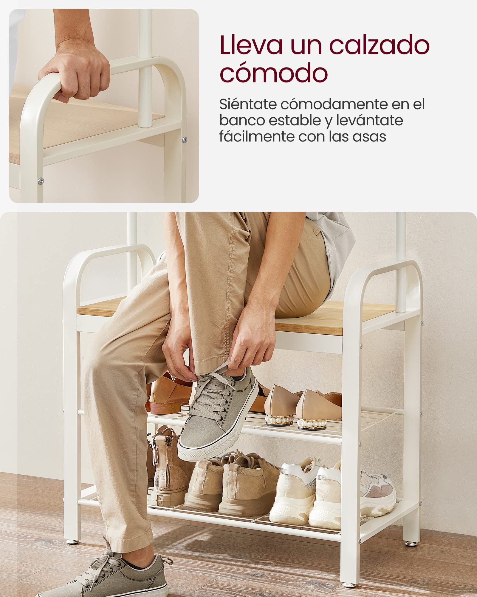 VASAGLE Perchero Zapatero, Perchero con Banco Recibidor, 4 en 1, 9 Ganchos Extraíbles, Barra Superior, para Entrada Pasillo, 33,7 x 72 x 183 cm, Moderno, Roble y Blanco HSR40W