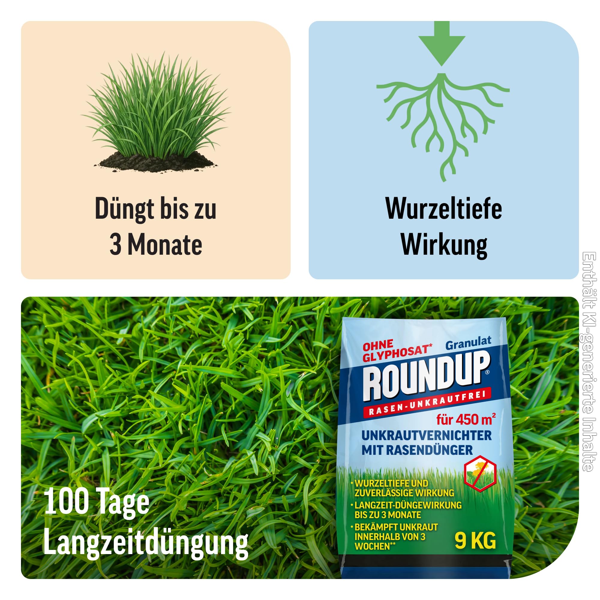 Roundup Rasen Unkrautfrei Rasendünger 9kg 450 m² 2in1 100 Tage Granulat