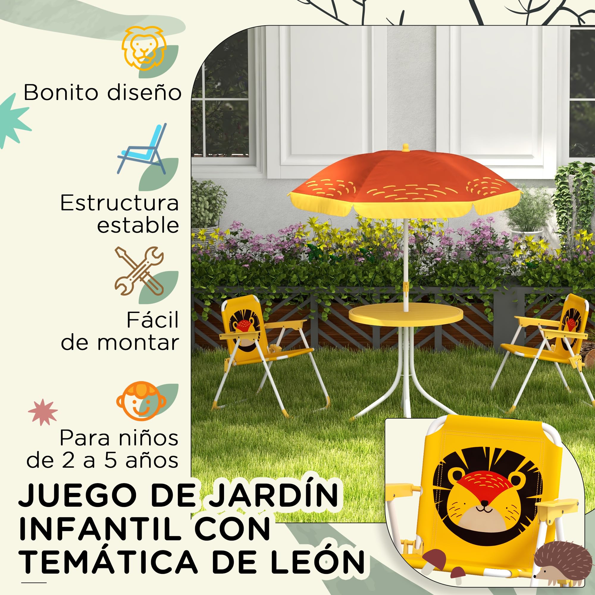 Outsunny Conjunto de Mesa y Sillas para Exterior Infantil Set de 2 Sillas Plegables y Mesa para Niños Mesa con Sombrilla Ajustable en Altura Temática de León para Jardín Patio Amarillo y Marrón