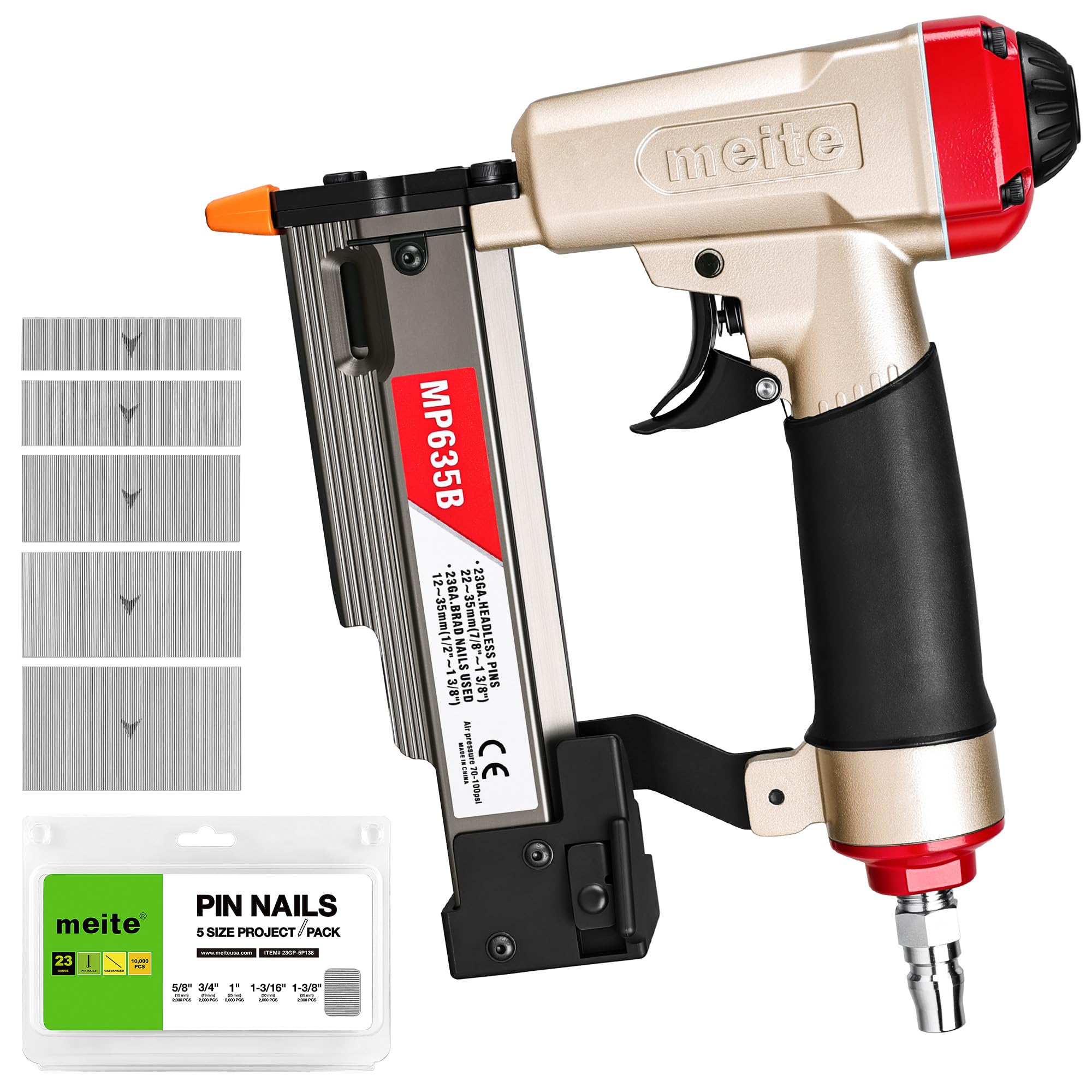 meite MP635B Compressed Air Pin Nailer with 23 Gauge 10,000 Pieces Pin Nails (15mm, 19mm, 25mm, 30mm, 35mm), Pneumatic 23 Gauge Pin Nailer, Fits 12-35 mm Pin Nails, Ideal for Paneling, Small Trim