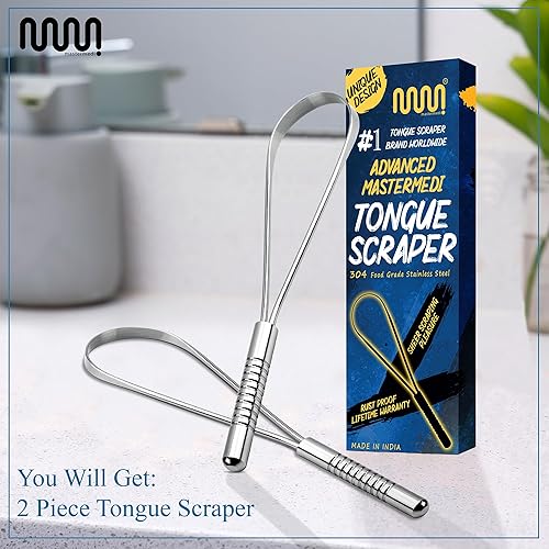 Miniatura 25 de MasterMedi Tongue Scraper for Adults with Multicolor Travel Cases (2 Pack), 100% Stainless Steel, Reduce Bad Breath, Tongue Scrubber, Easy to Use