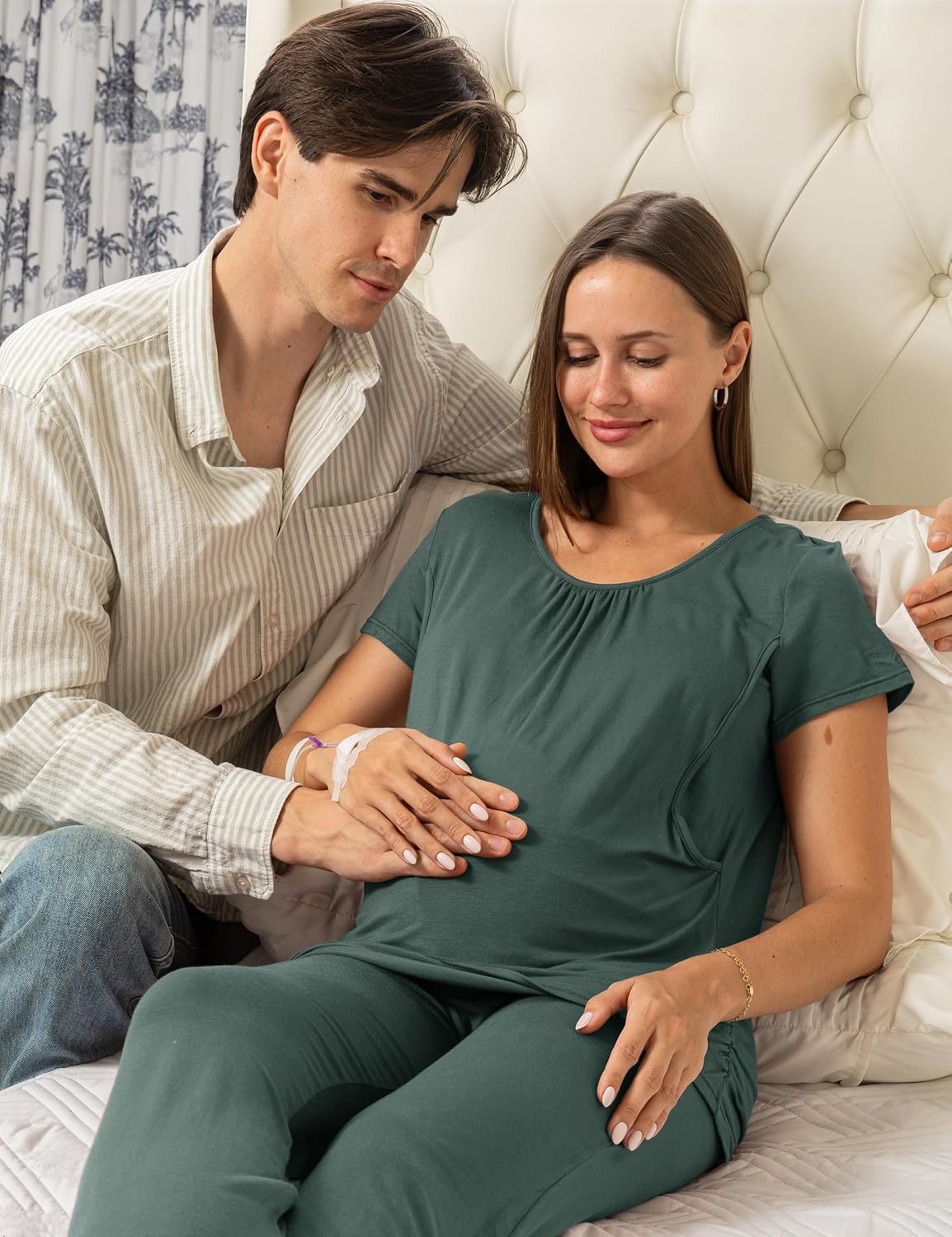 SUNNYBUY Womens Maternity Nursing Pajamas Set, Short Sleeve Breastfeeding Shirts,Pregnancy Shorts & Pants 3 Piece Nursing PJS - Image 2