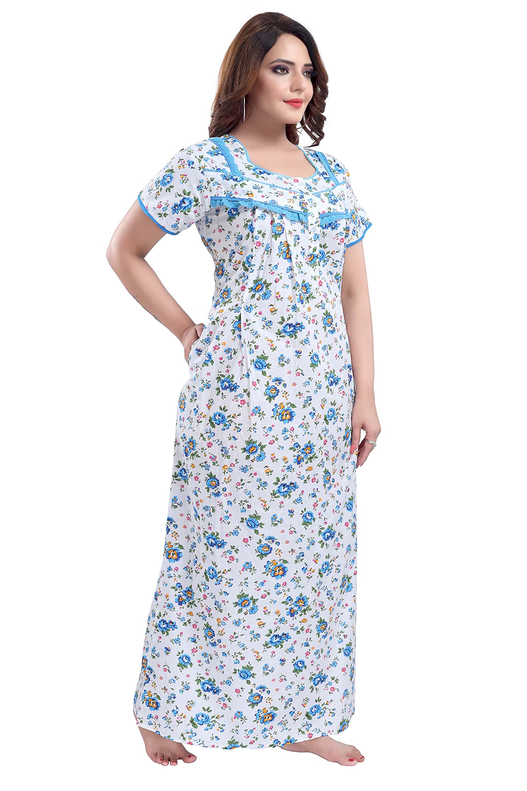Soulemo Women's Cotton Paisley Maxi Nighty (499XXXL_OFFWHITE & BLUE_XXL - BUST 52) 4